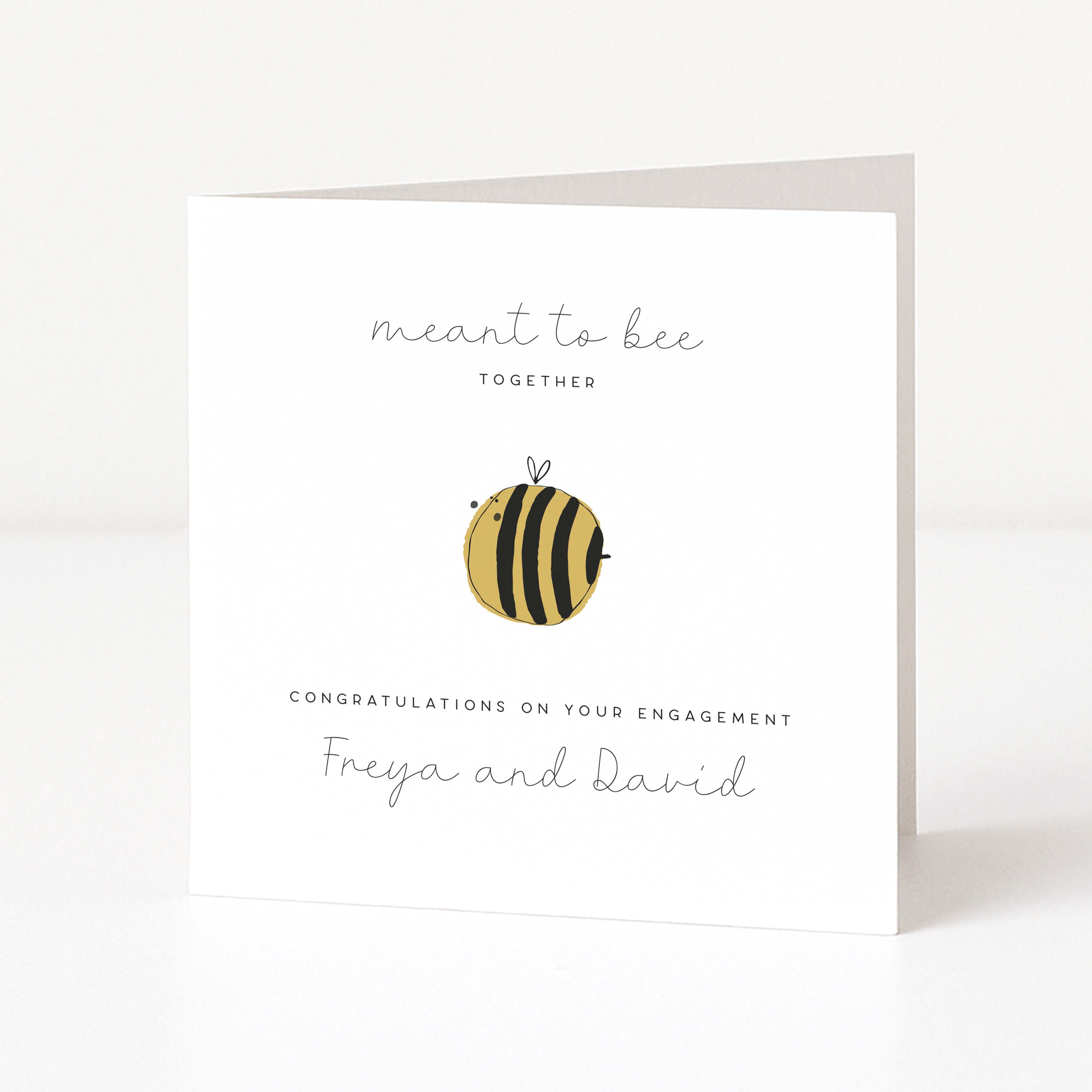Engagement card with a bee illustration and personalized text on a white background