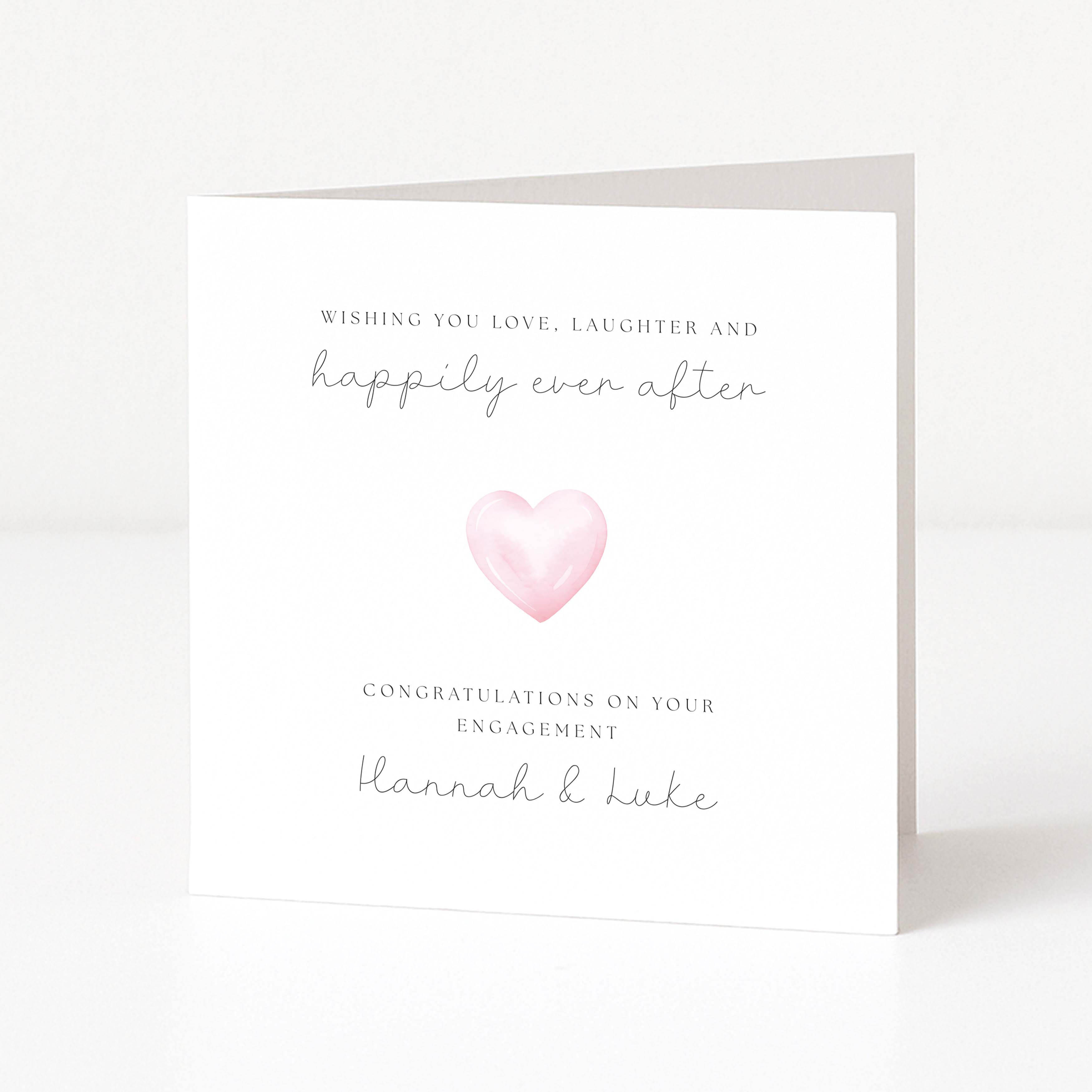 Personalised Engagement card with a pink heart and text on a white background