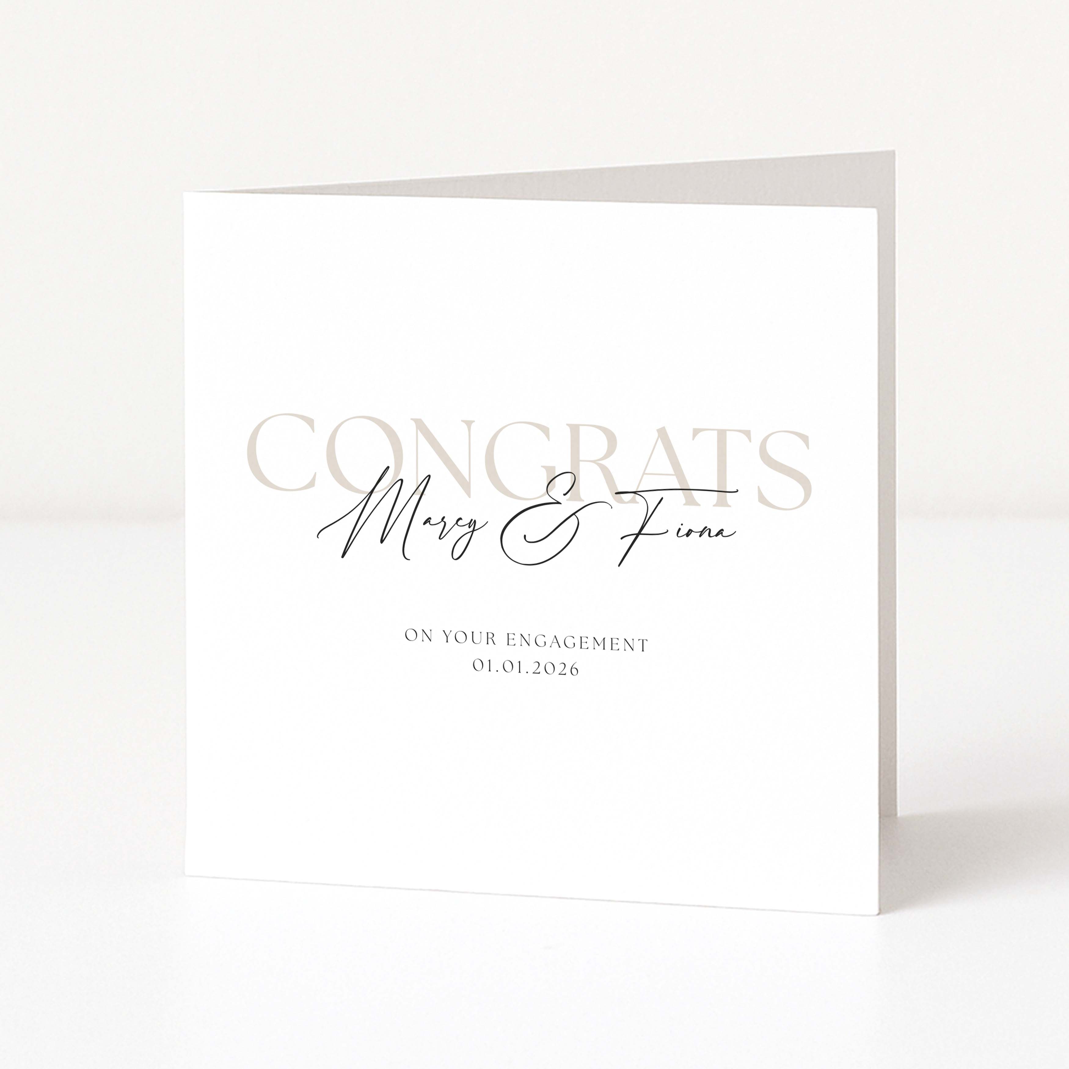 Engagement card with 'Congrats Mary & Fiona' text on a white background