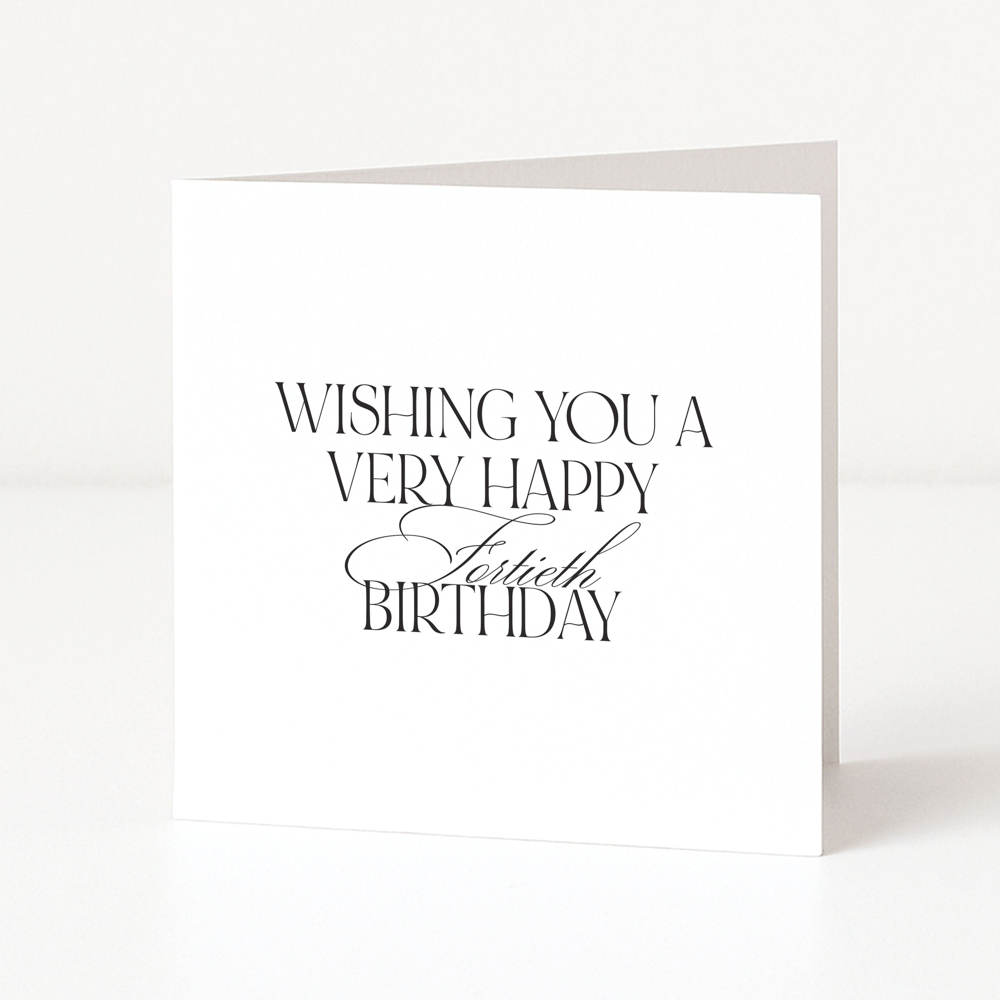 White birthday card with black text on a white background saying "wishing you have very happy fortieth birthday"