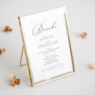 Stylish drinks menu sign for wedding reception, printed and shown in frame