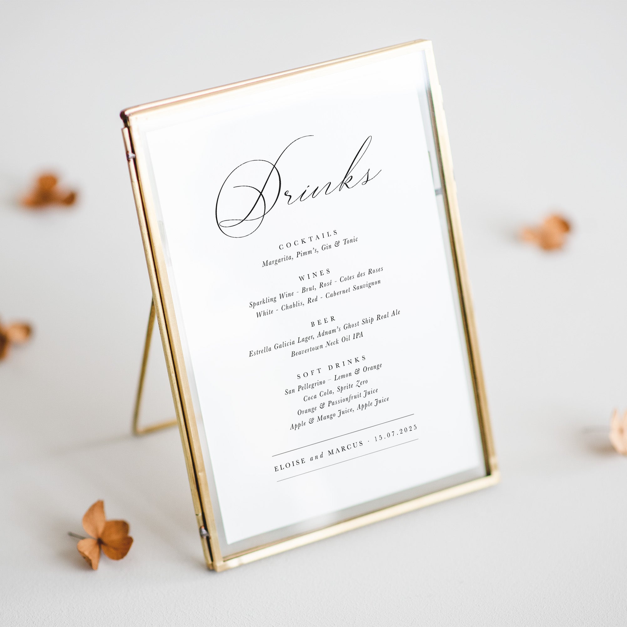 Stylish drinks menu sign for wedding reception, printed and shown in frame