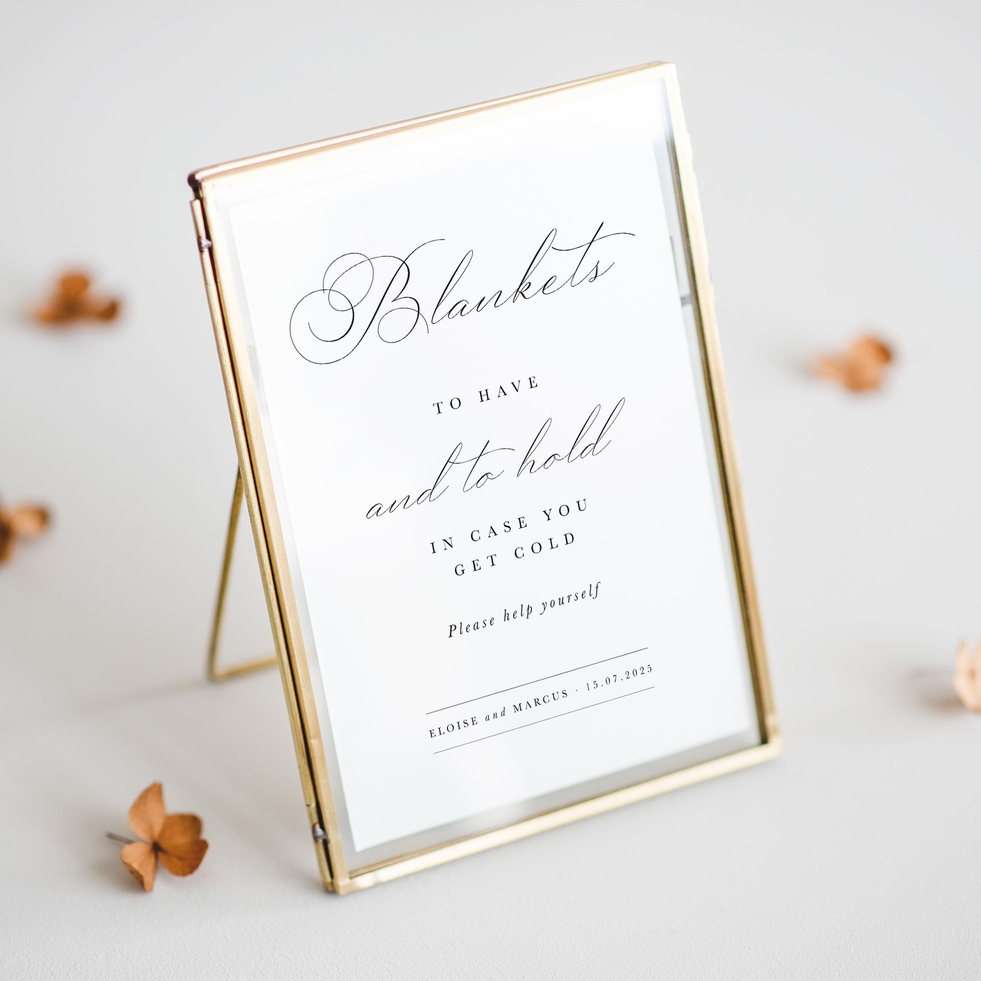 Printed blankets sign for wedding reception shown in a frame