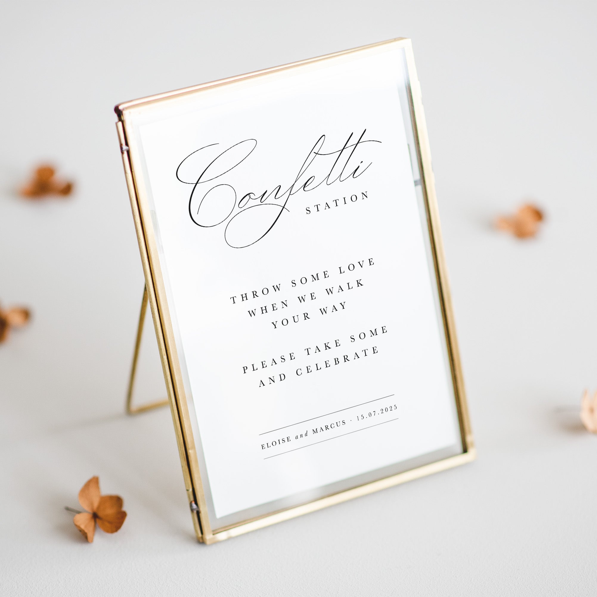 Decorative sign for a confetti station with elegant text on a white background