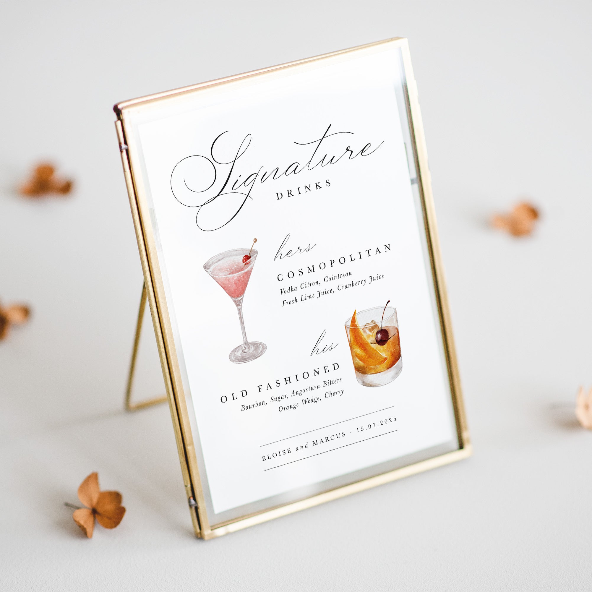 Signature drinks menu with cocktail illustrations in a gold frame on a light background