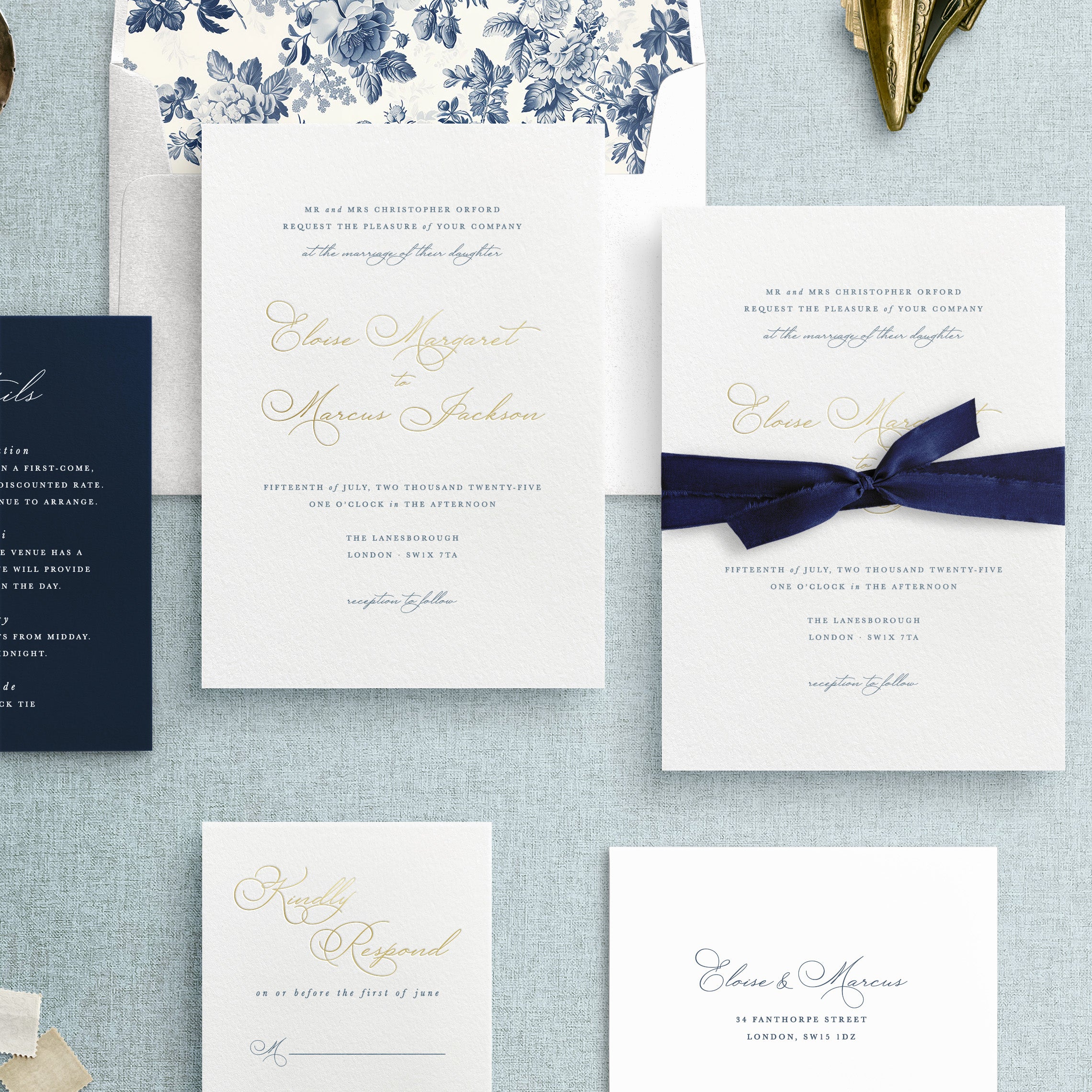 Luxury Gold Foil and Navy Blue Floral Wedding Invitation Suite