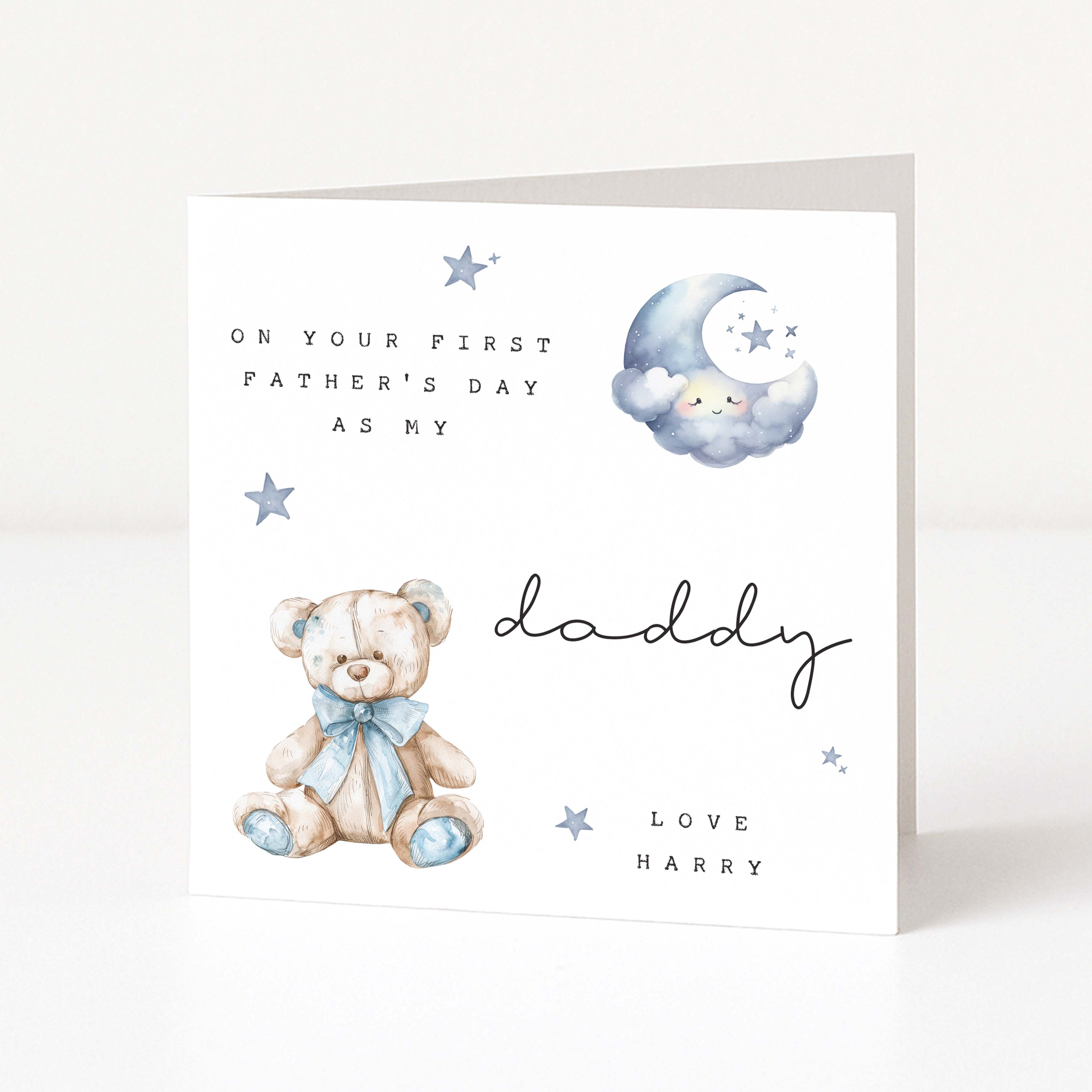 father's day card with teddy bear and moon design on a white background personalised with name of child