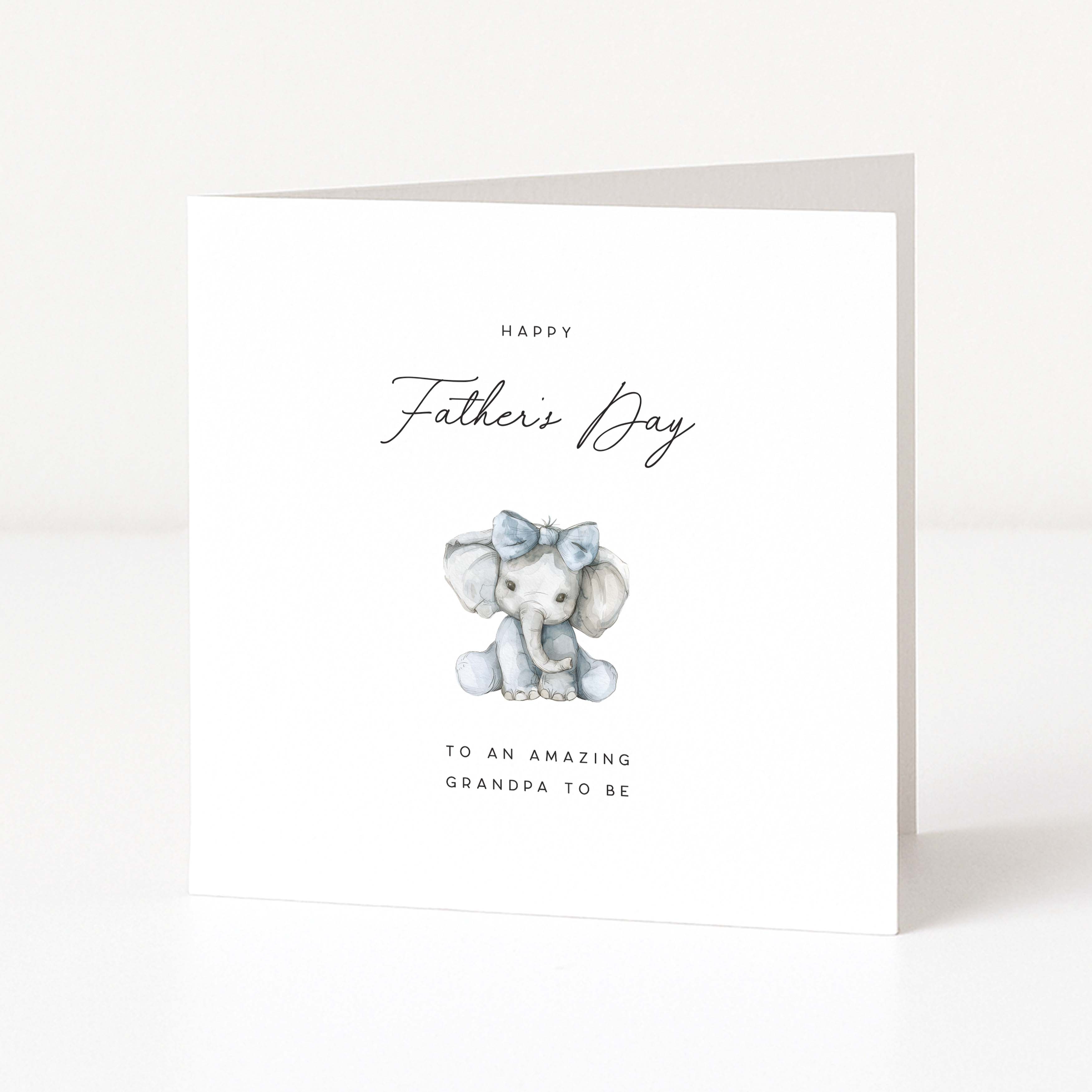 Greeting card with a baby elephant illustration and 'Happy Father's Day to an amazing grandpa to be' text on a white background