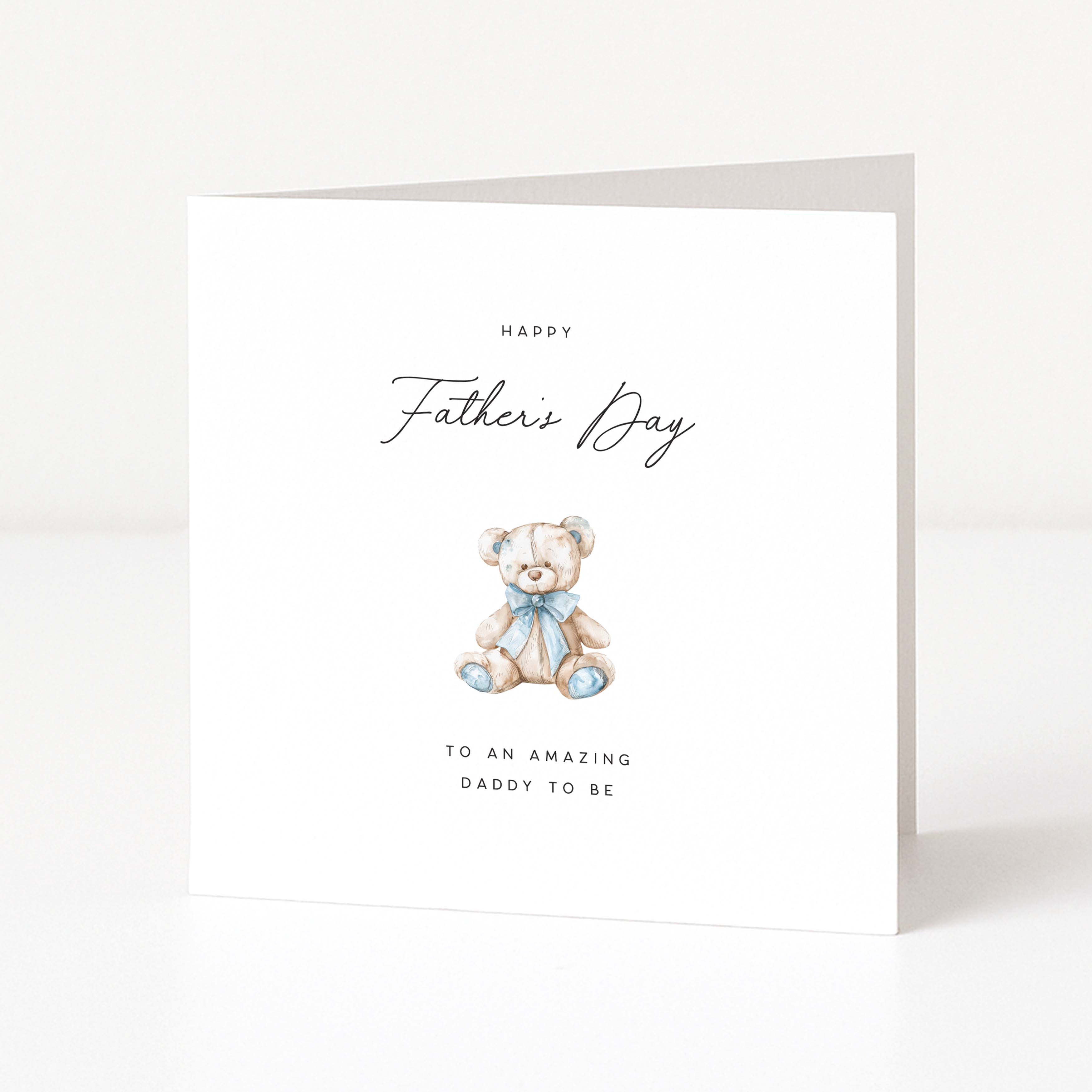 Happy Father's Day card to amazing daddy to be with a teddy bear illustration on a white background