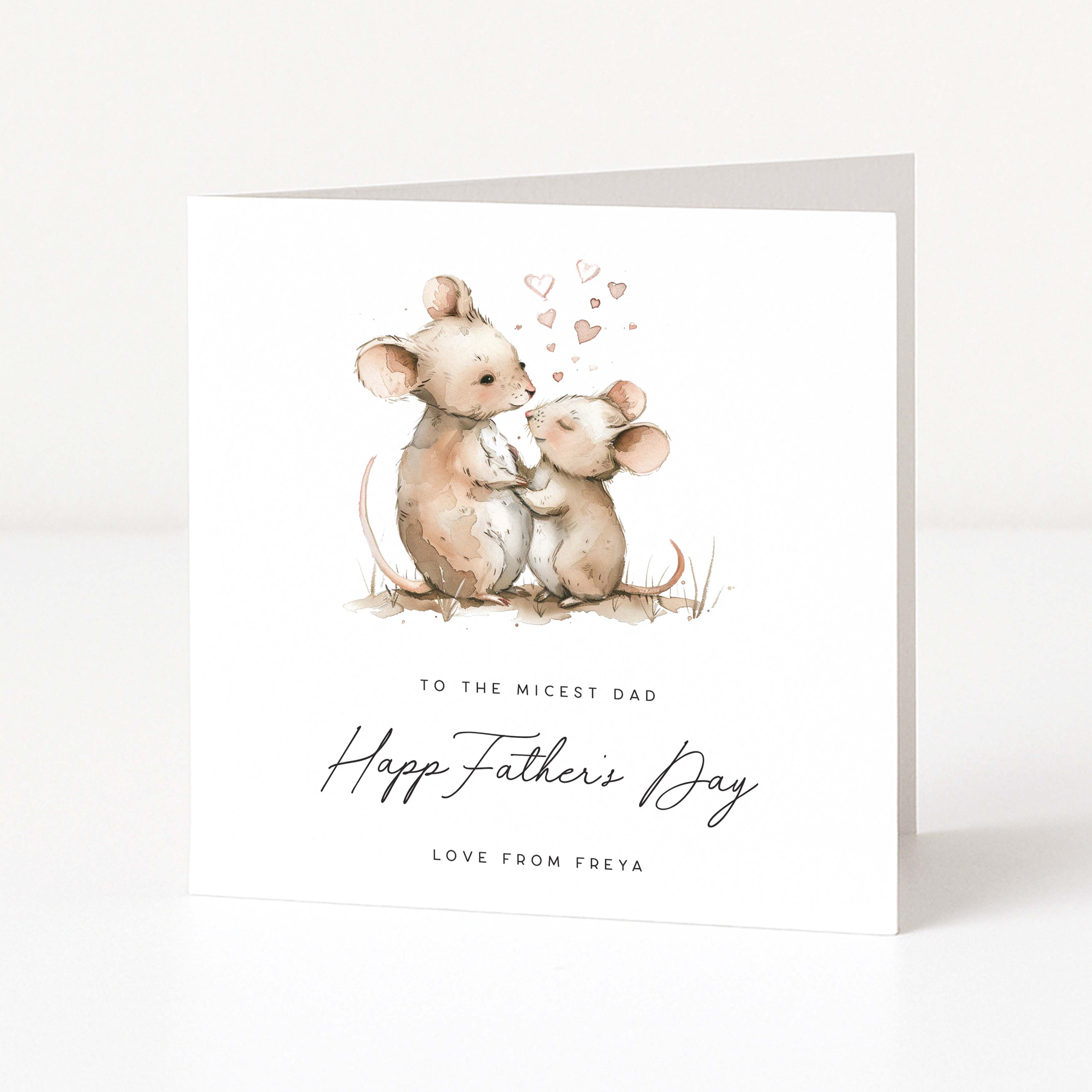 Personalised Greeting card with two mice hugging and hearts, text 'Happy Father's Day' on a white background