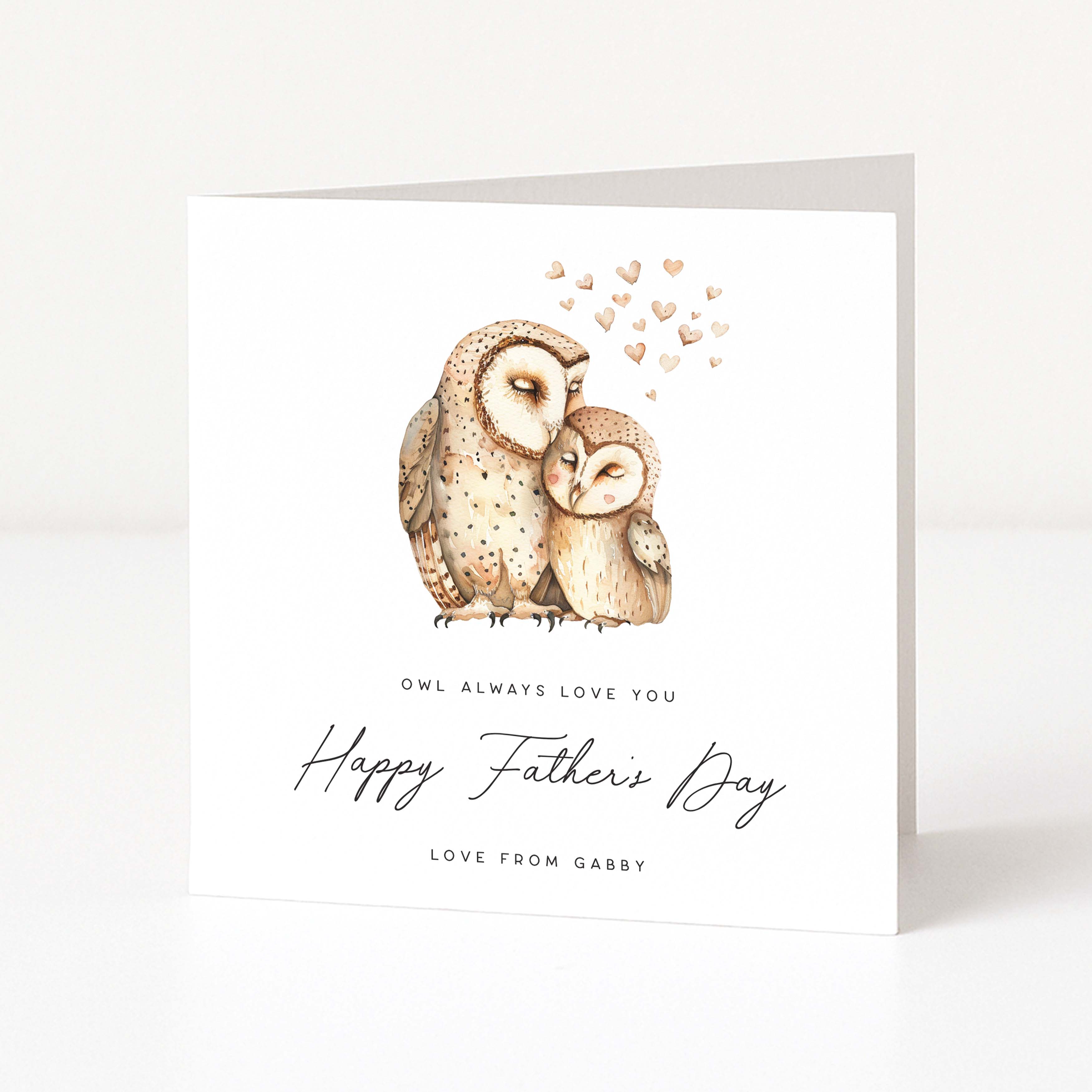 Personalised Father's Day card with two owls and text on a white background