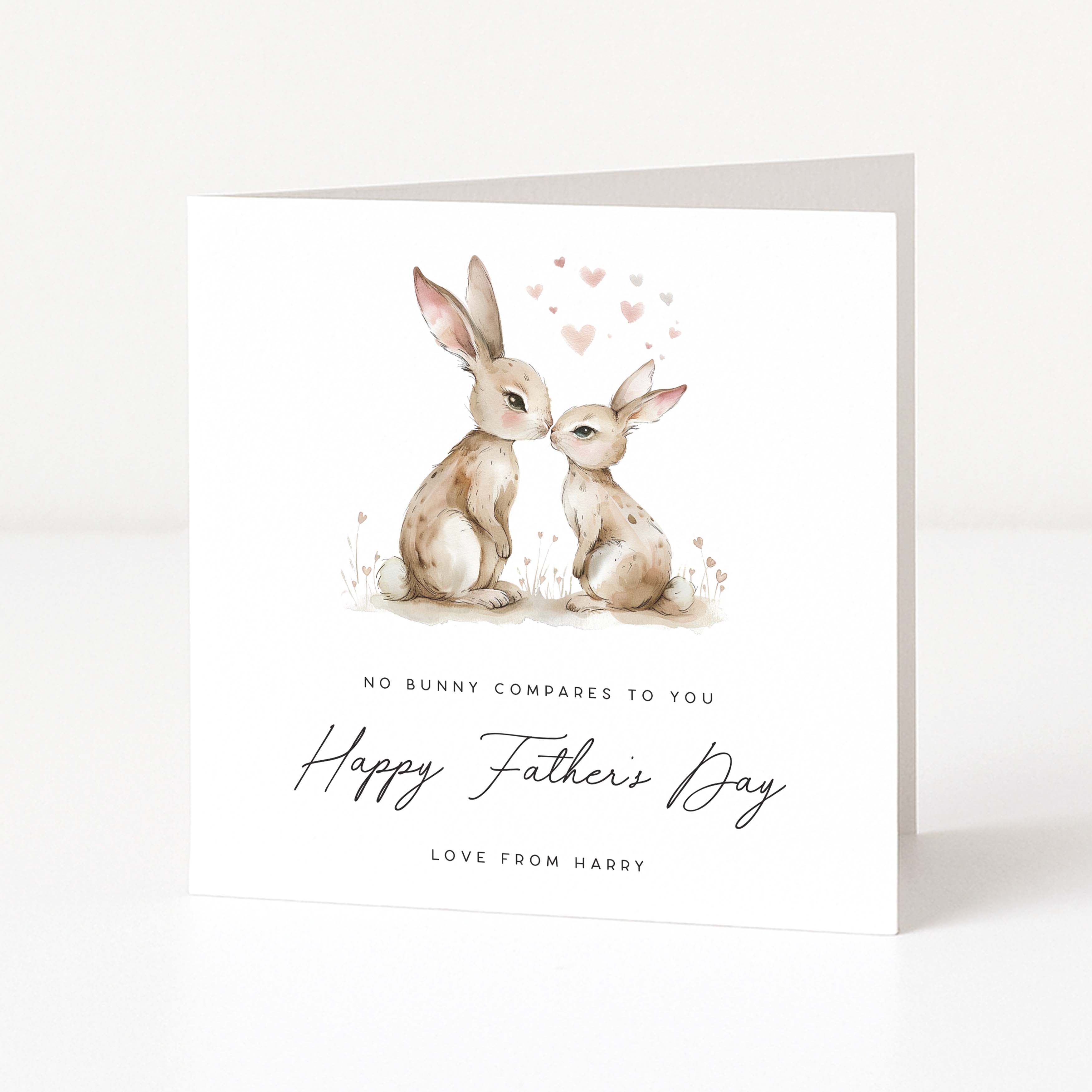 Personalised Father's Day card with two bunnies and hearts on a white background