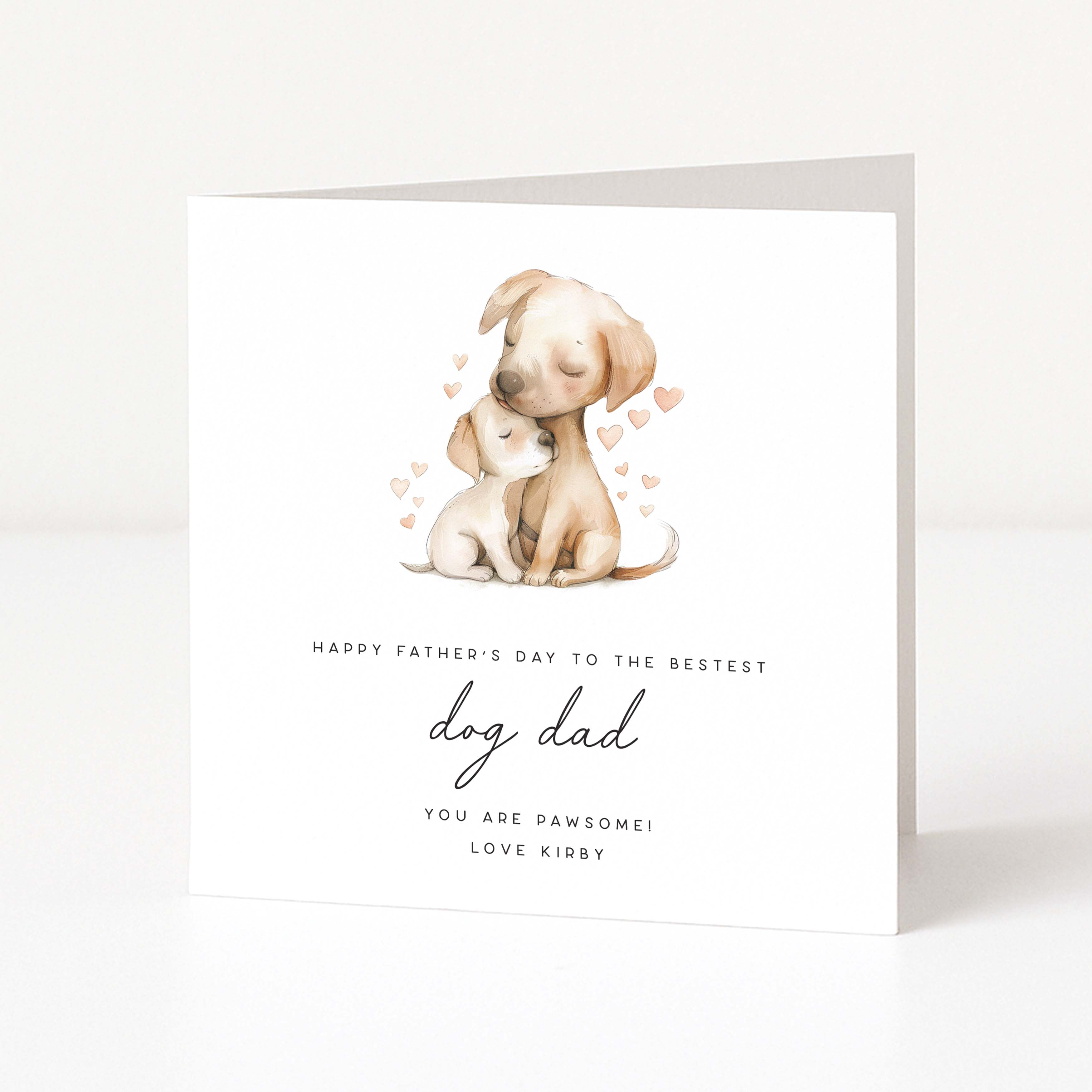 Personalised father's day card with two puppies hugging and hearts, featuring a Father's Day message.