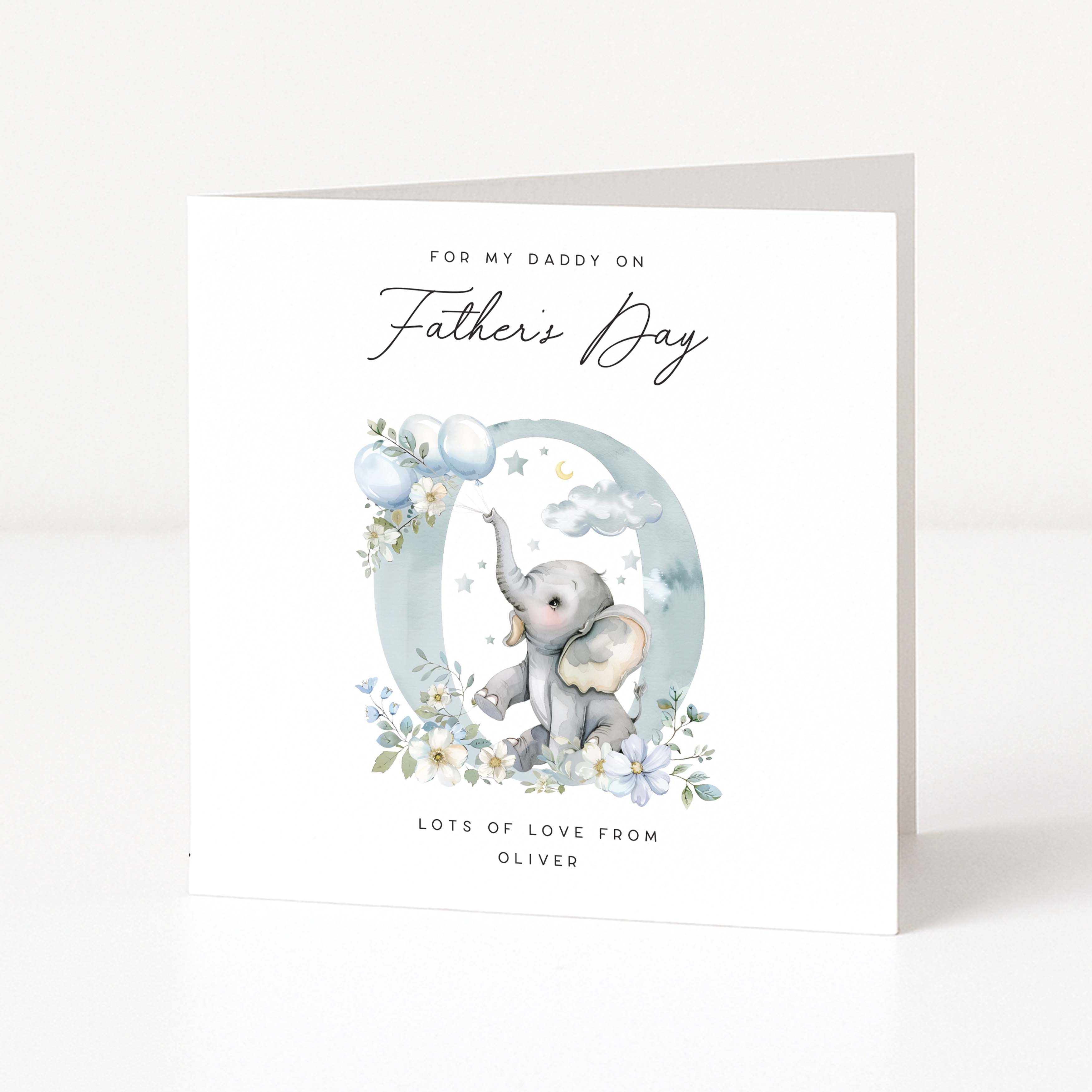 Personalised Father's Day card with an elephant and floral monogram design on a white background
