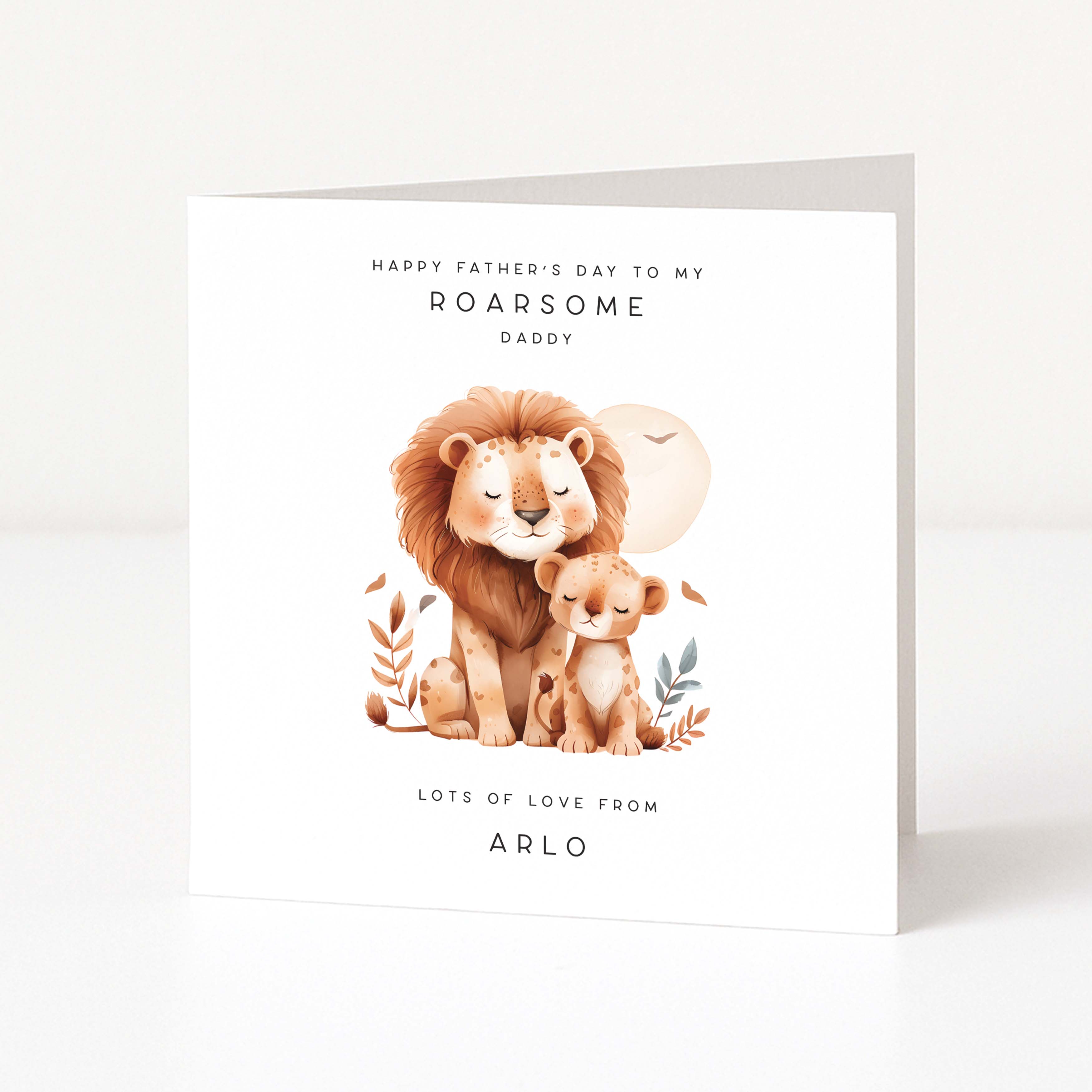 Cute personalised Father's Day card with lion and cub illustration on a white background