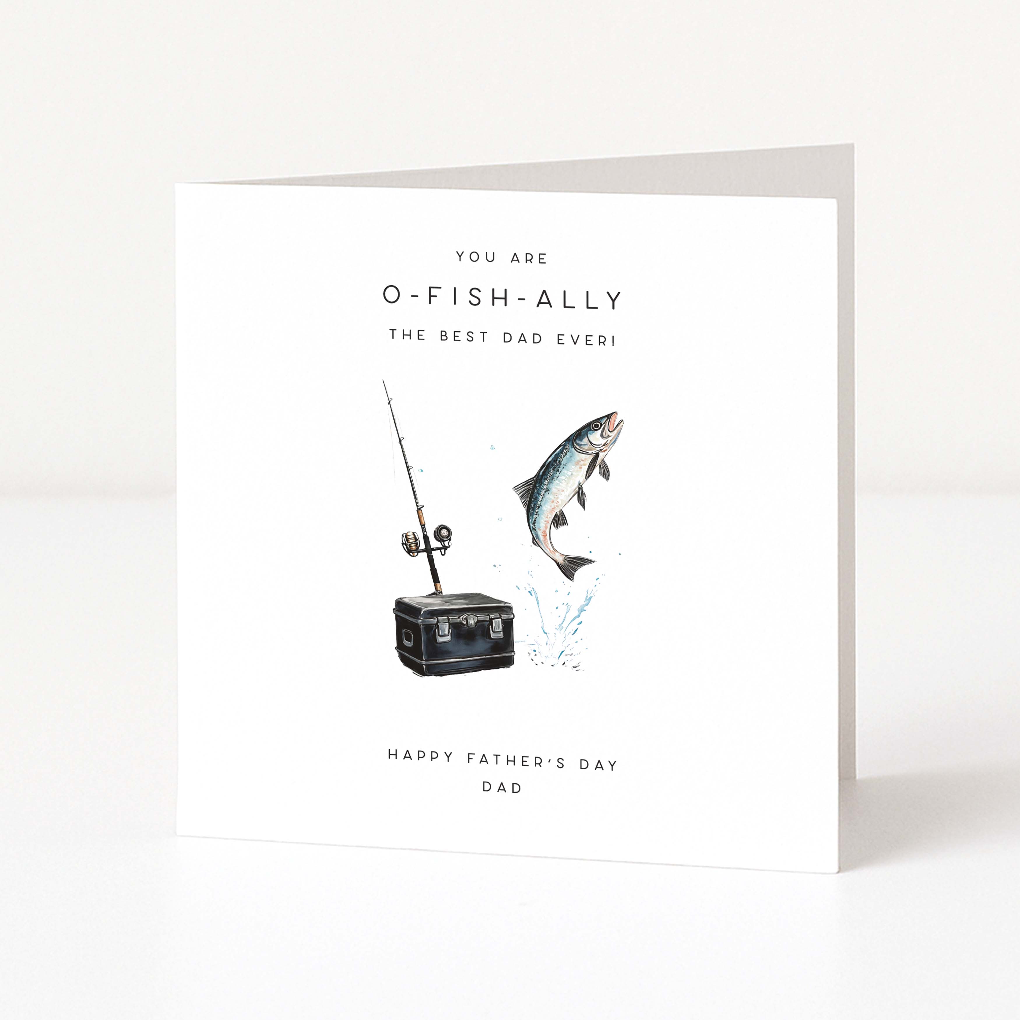 Father's Day card with fishing theme and text on a white background