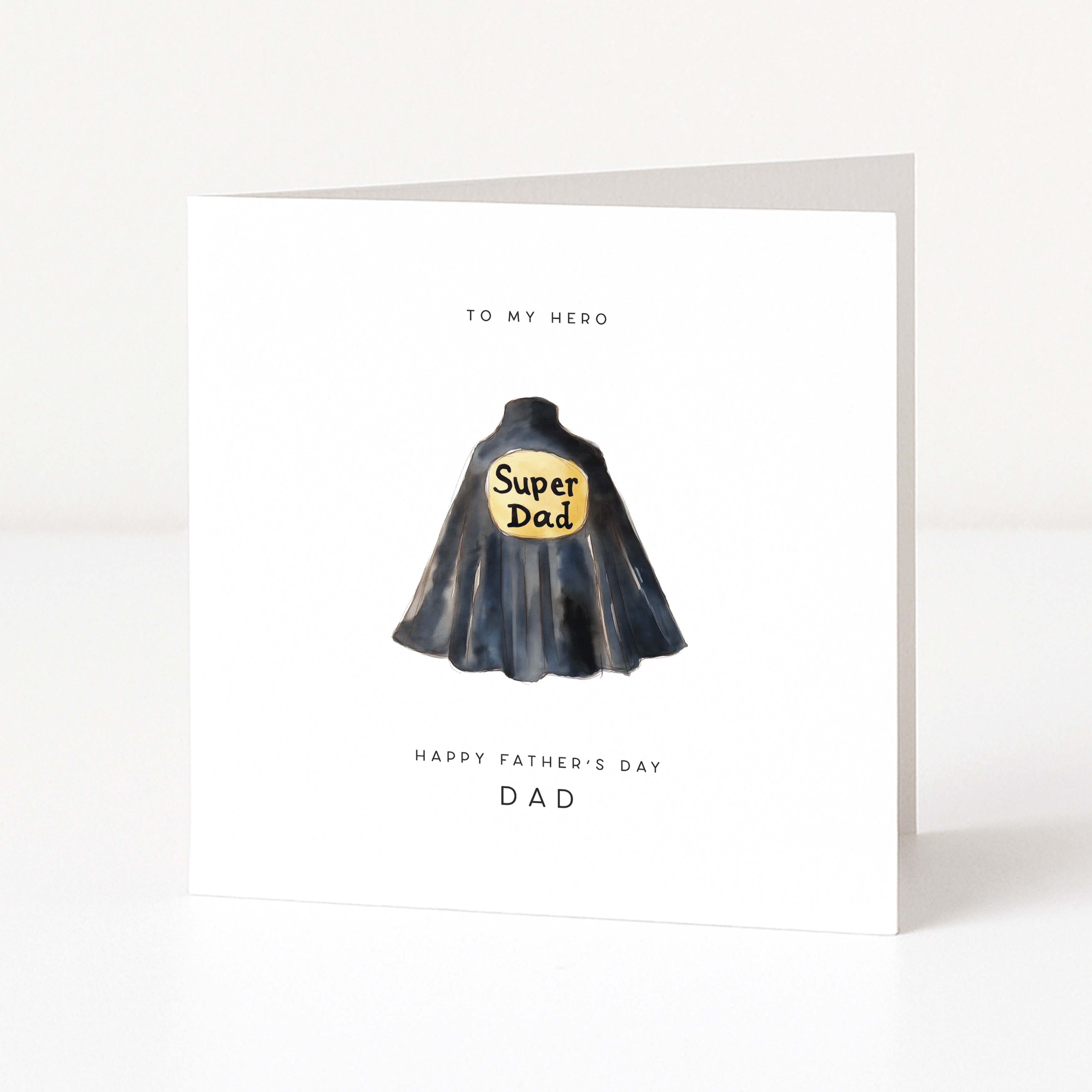 Father's Day card with a superhero cape and 'Super Dad' text on a white background