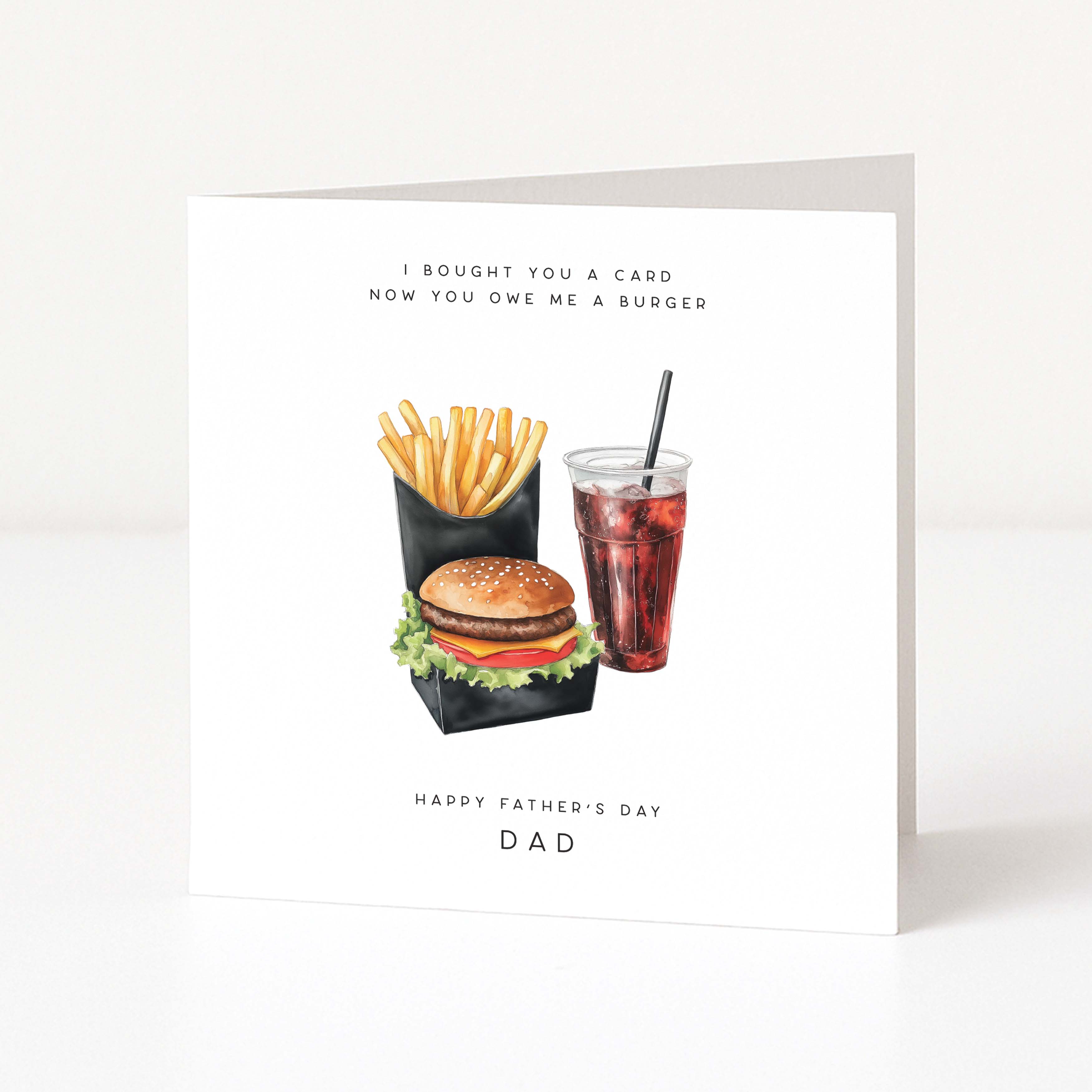 Father's Day card with a burger, fries, and soda illustration on a white background