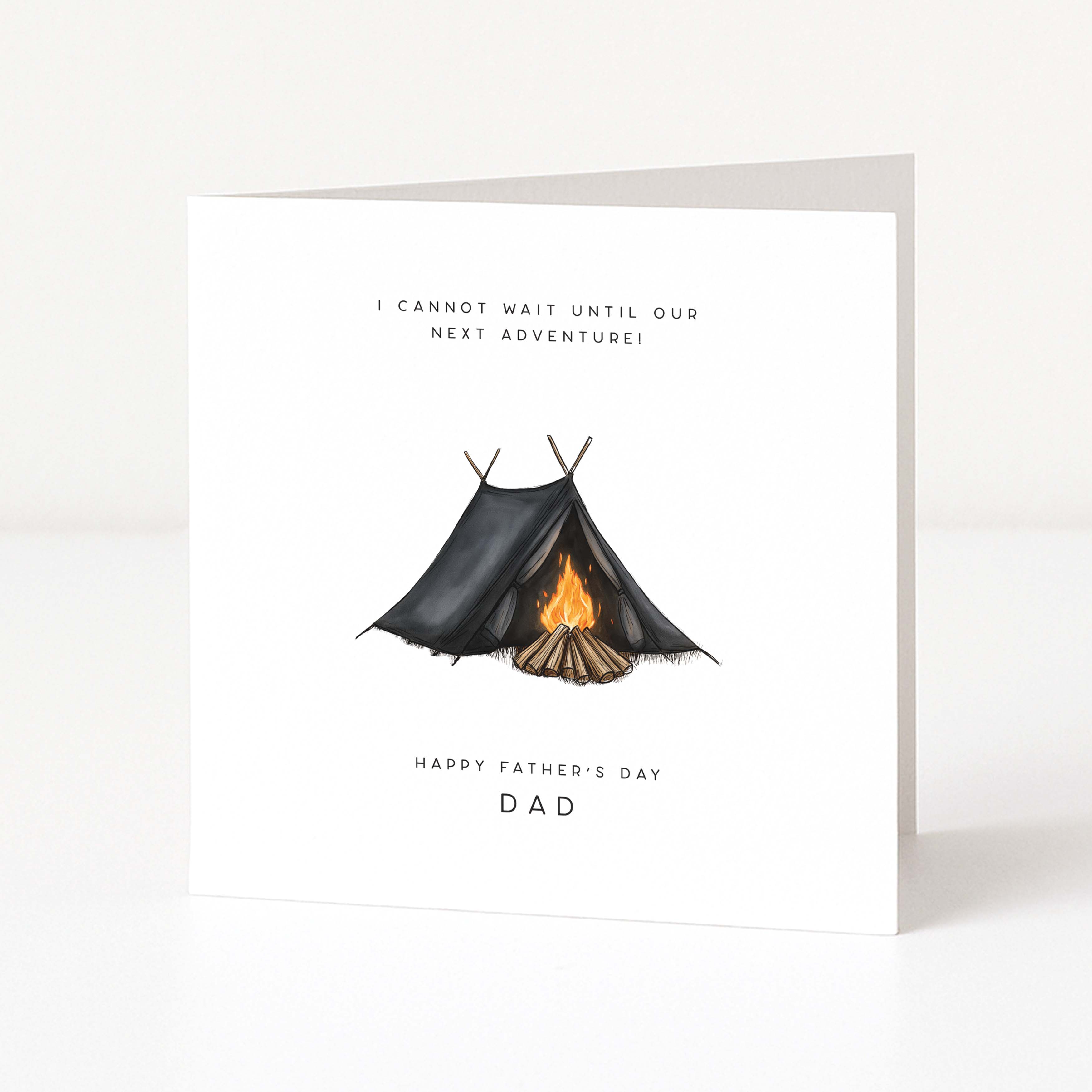 Father's Day card with a tent and campfire illustration on a white background