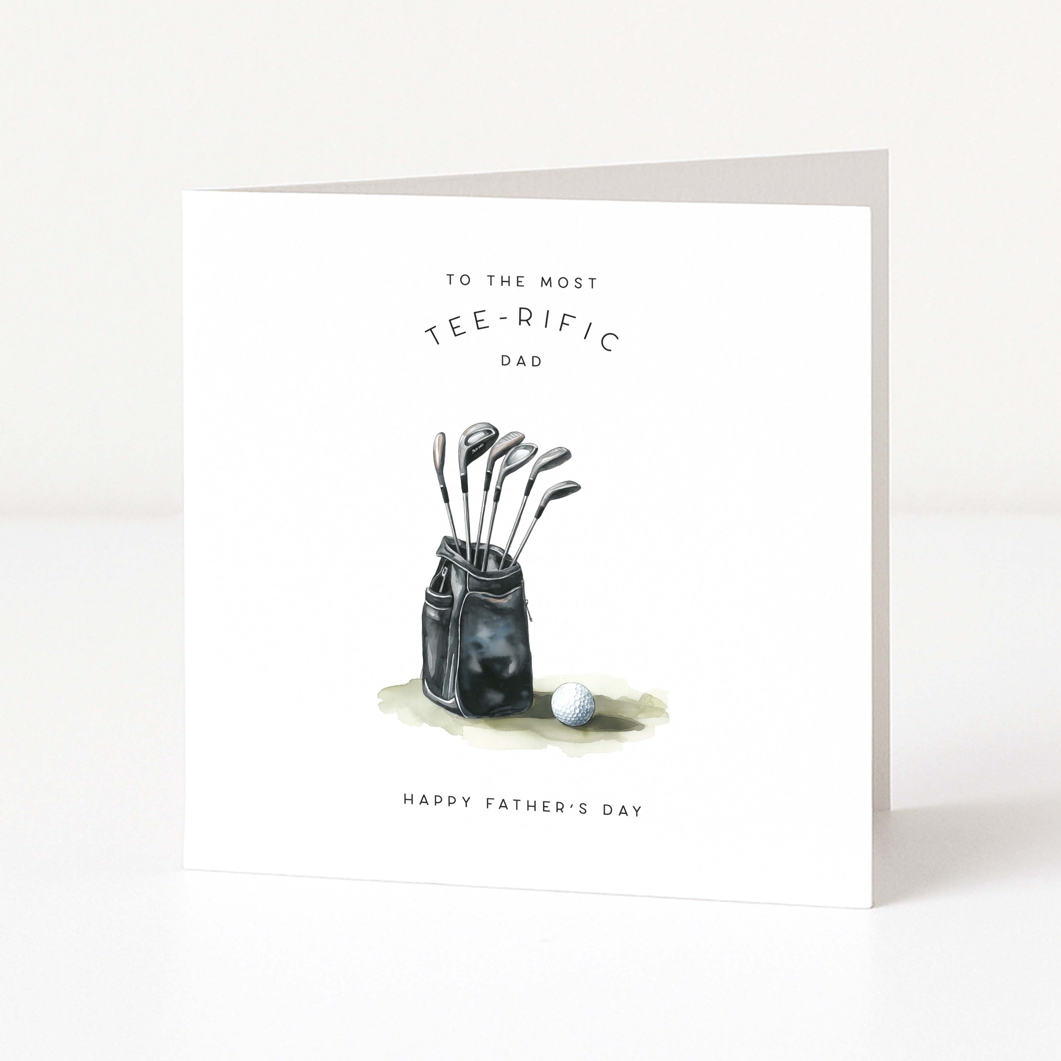 Greeting card with golf clubs and text 'To the most tee-rific dad, Happy Father's Day' on a white background