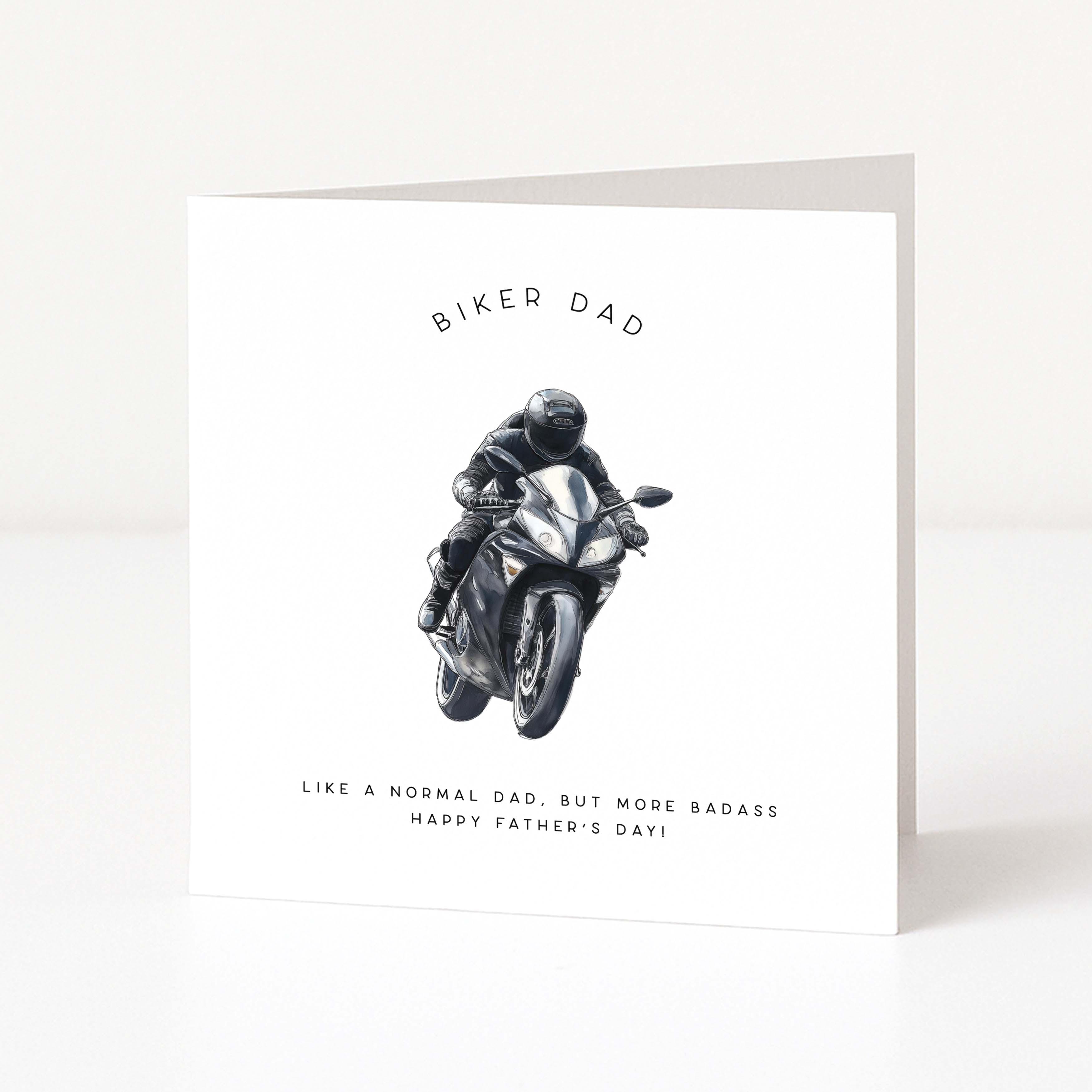 Father's day card with a biker illustration and text on a white background