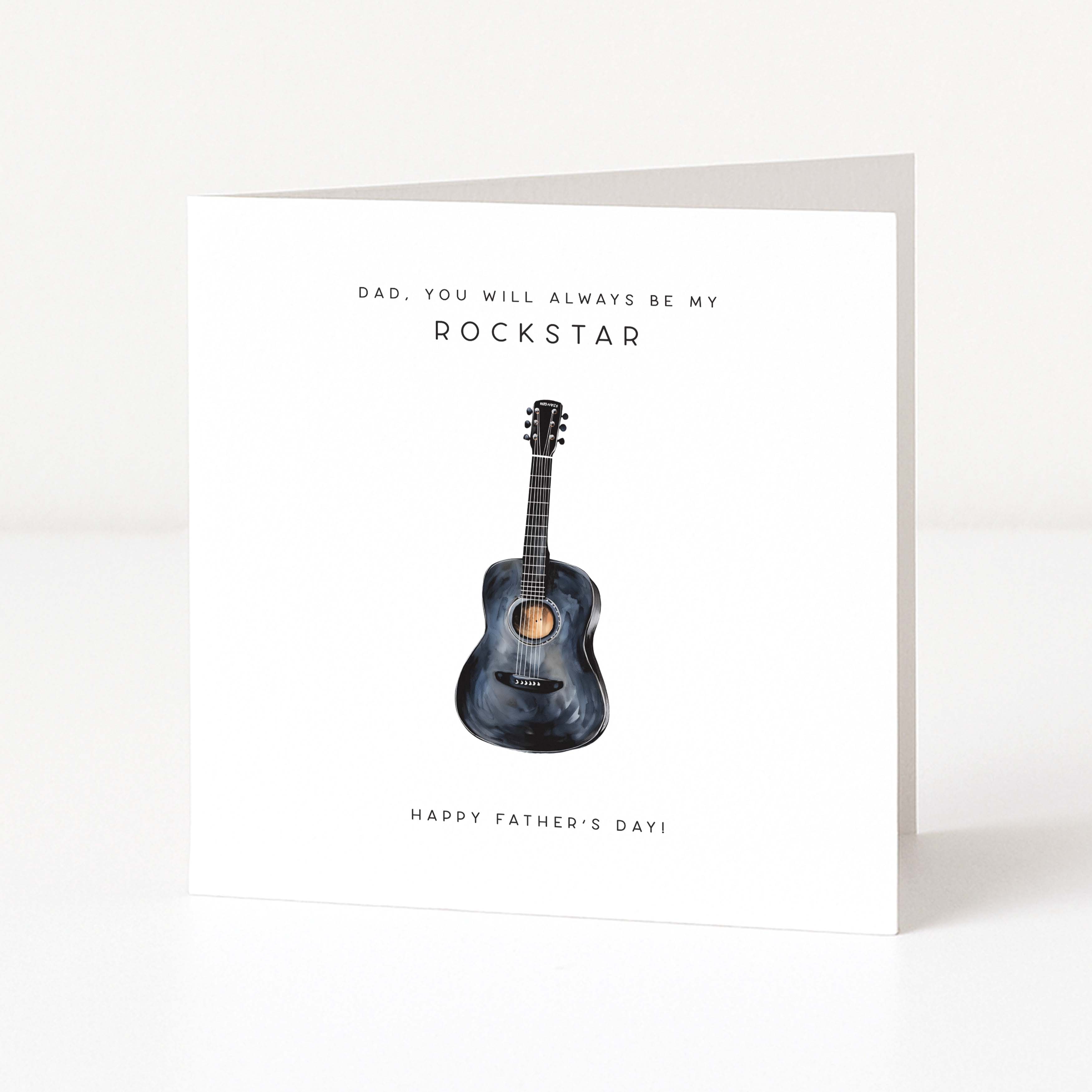 Greeting card with a guitar illustration and Father's Day message on a white background