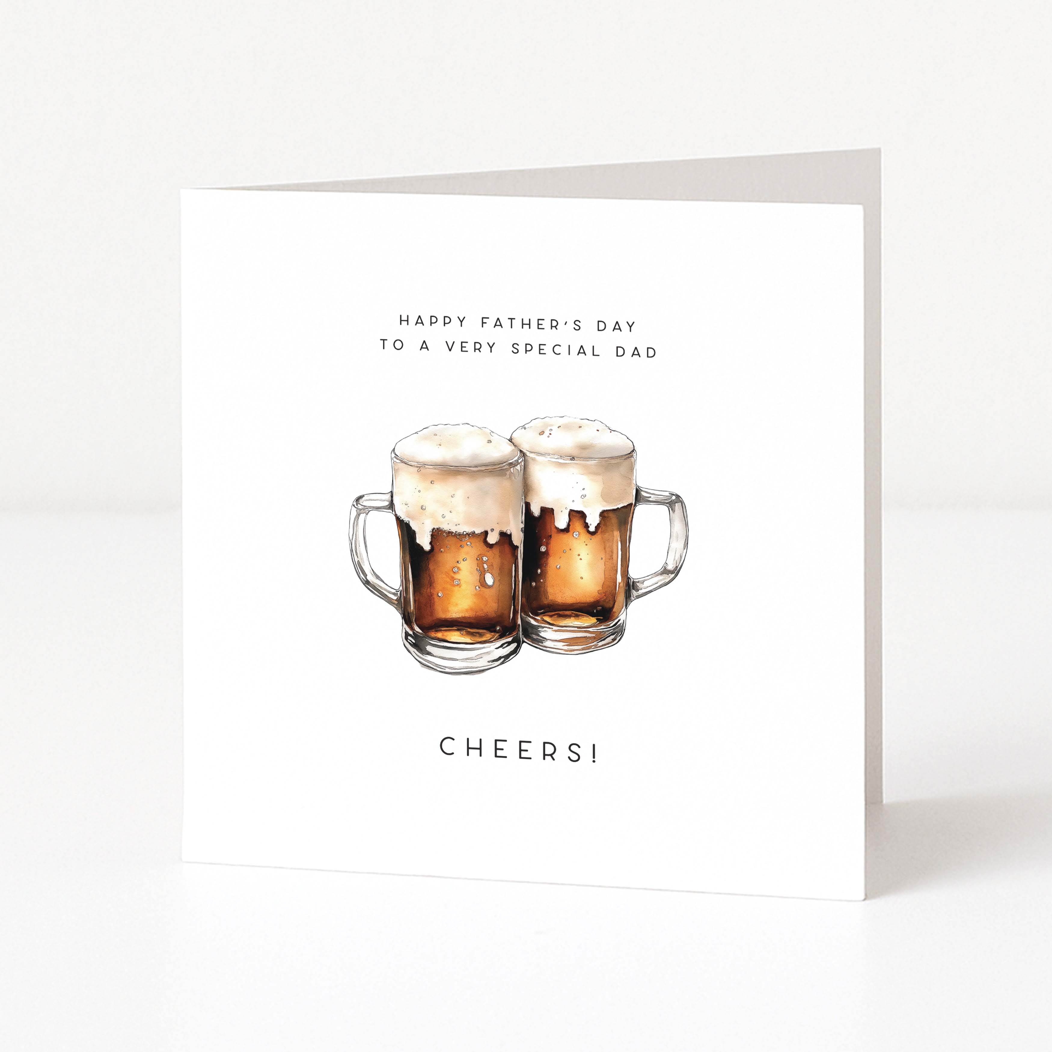 Father's Day card with two beer mugs and 'Cheers!' text on a white background