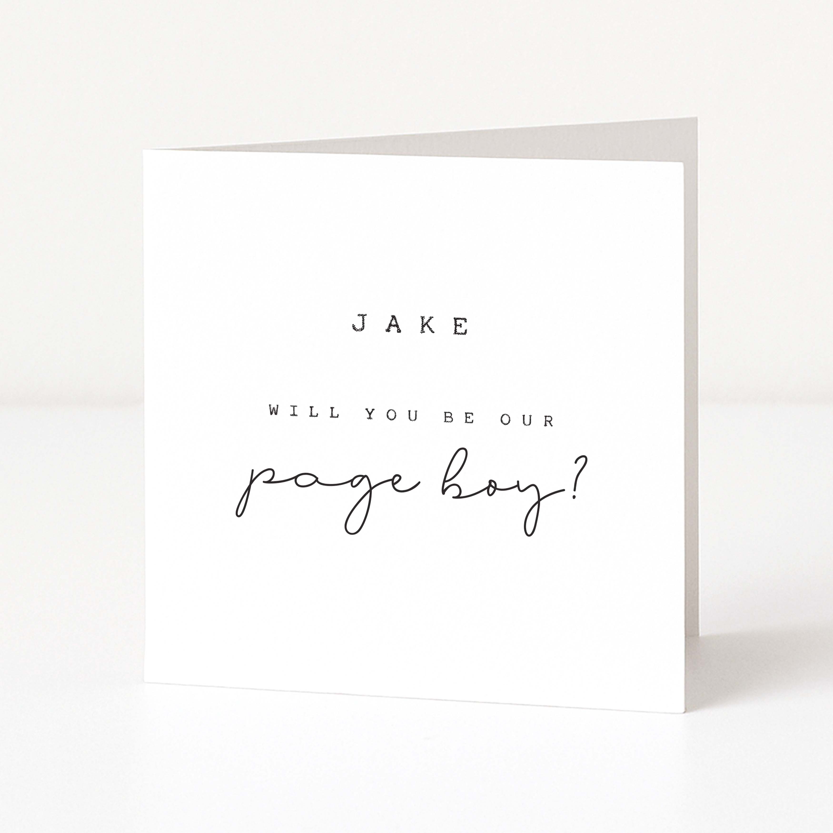 Greeting card asking 'Will you be our page boy?' with a white background