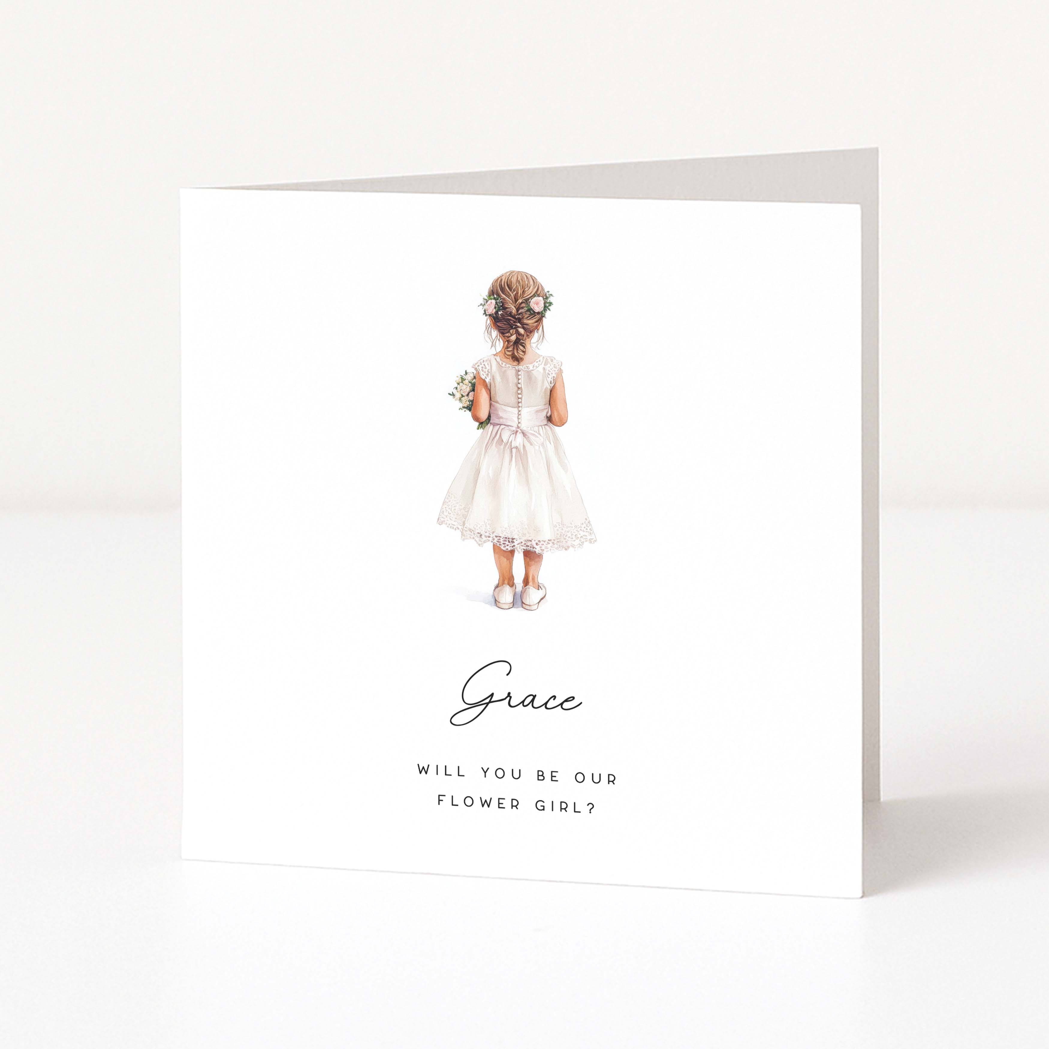 Greeting card with illustration of a girl in a white dress and text asking if she will be the flower girl.