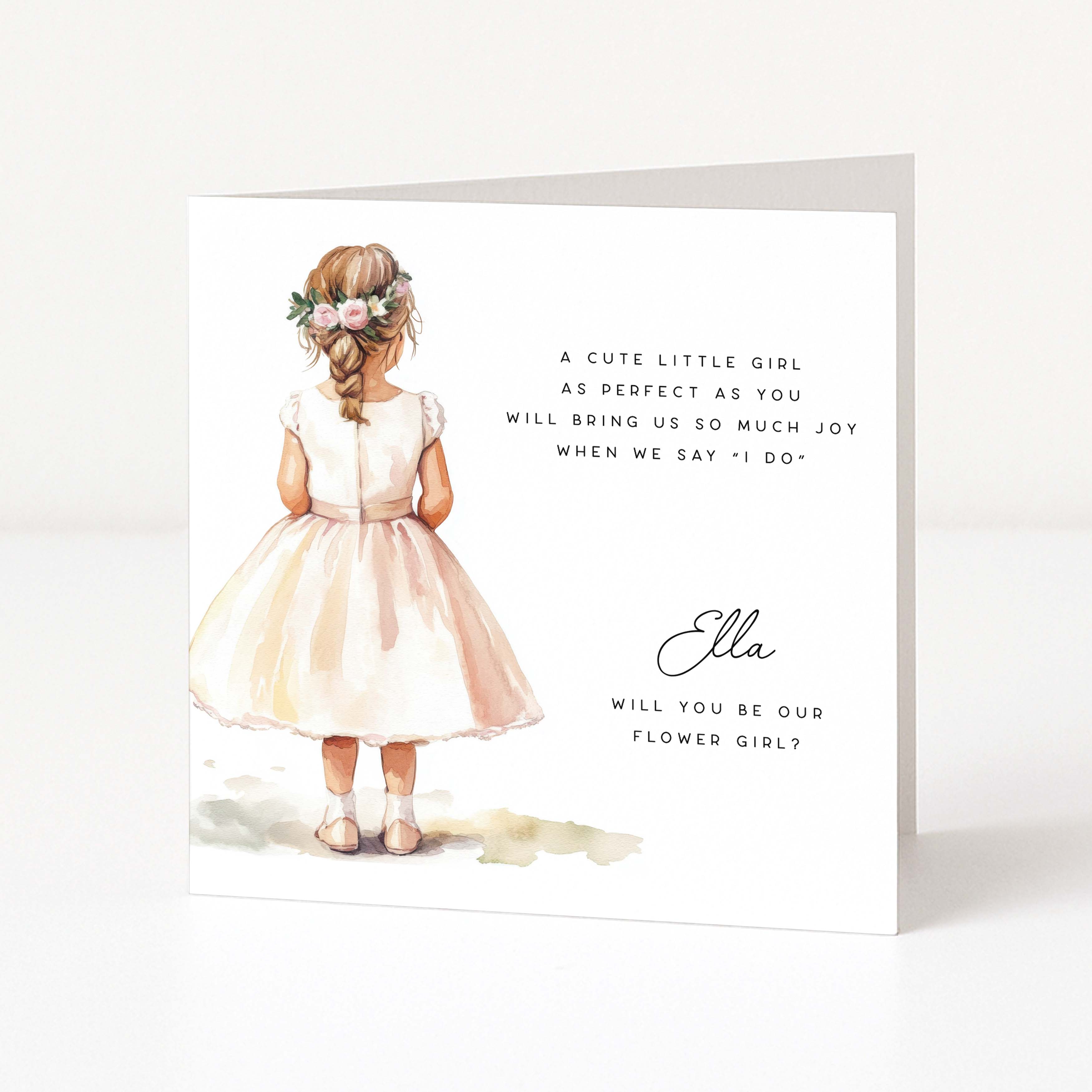 Greeting card with illustration of a girl in a dress and floral headband, asking if she will be the flower girl.