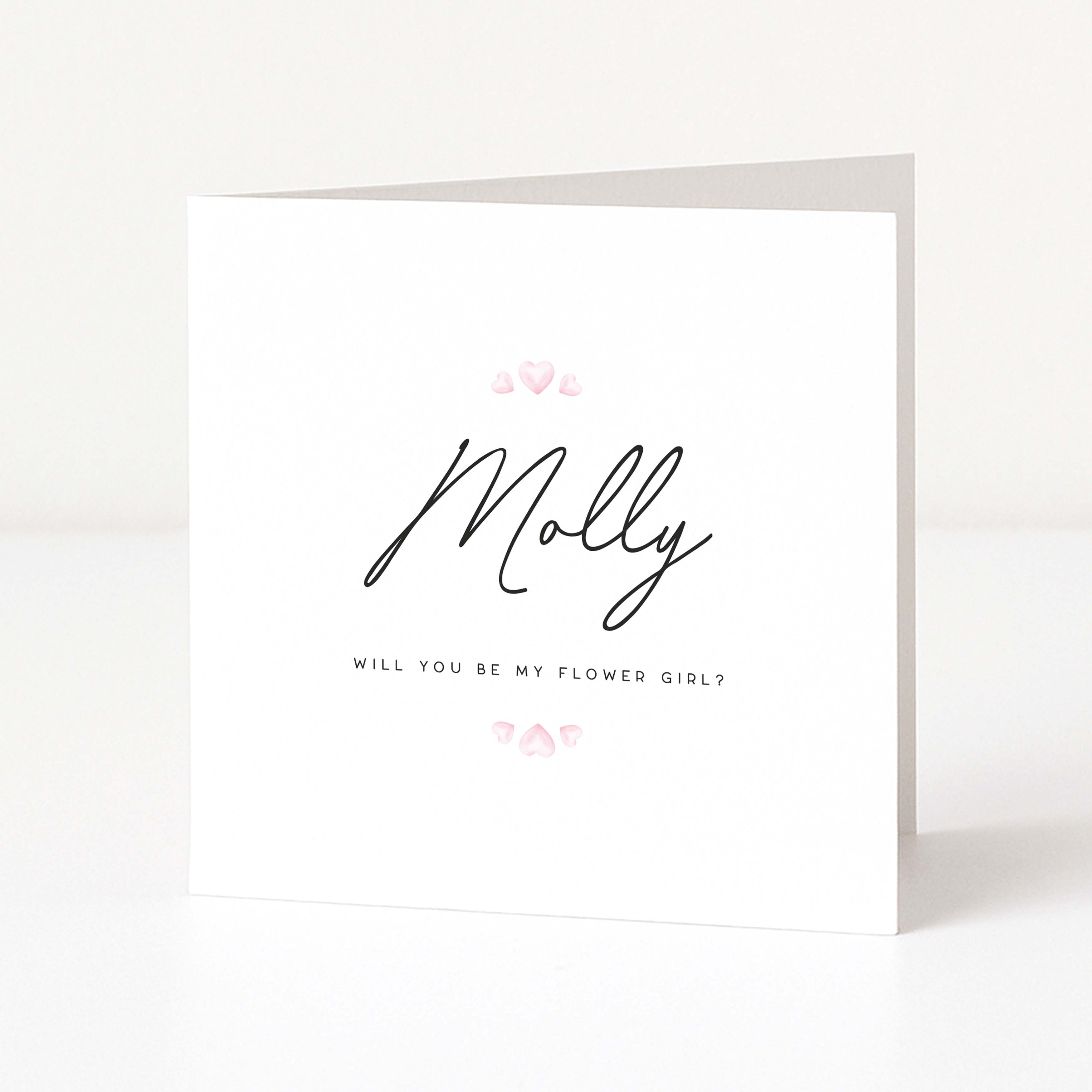 Greeting card with 'Molly' and 'Will you be my flower girl?' text on a white background