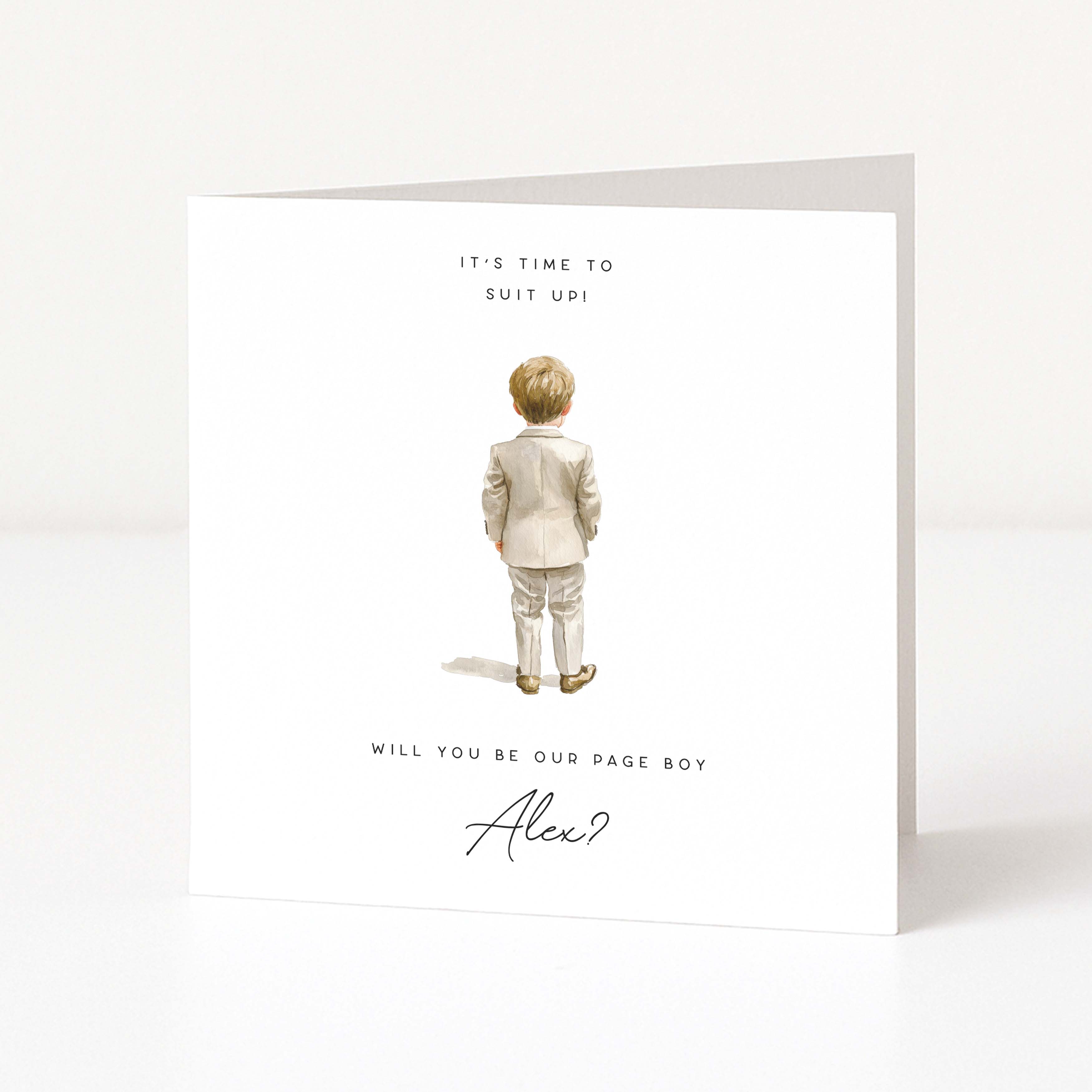 Greeting card with a boy in formal attire and text asking if he will be the page boy.