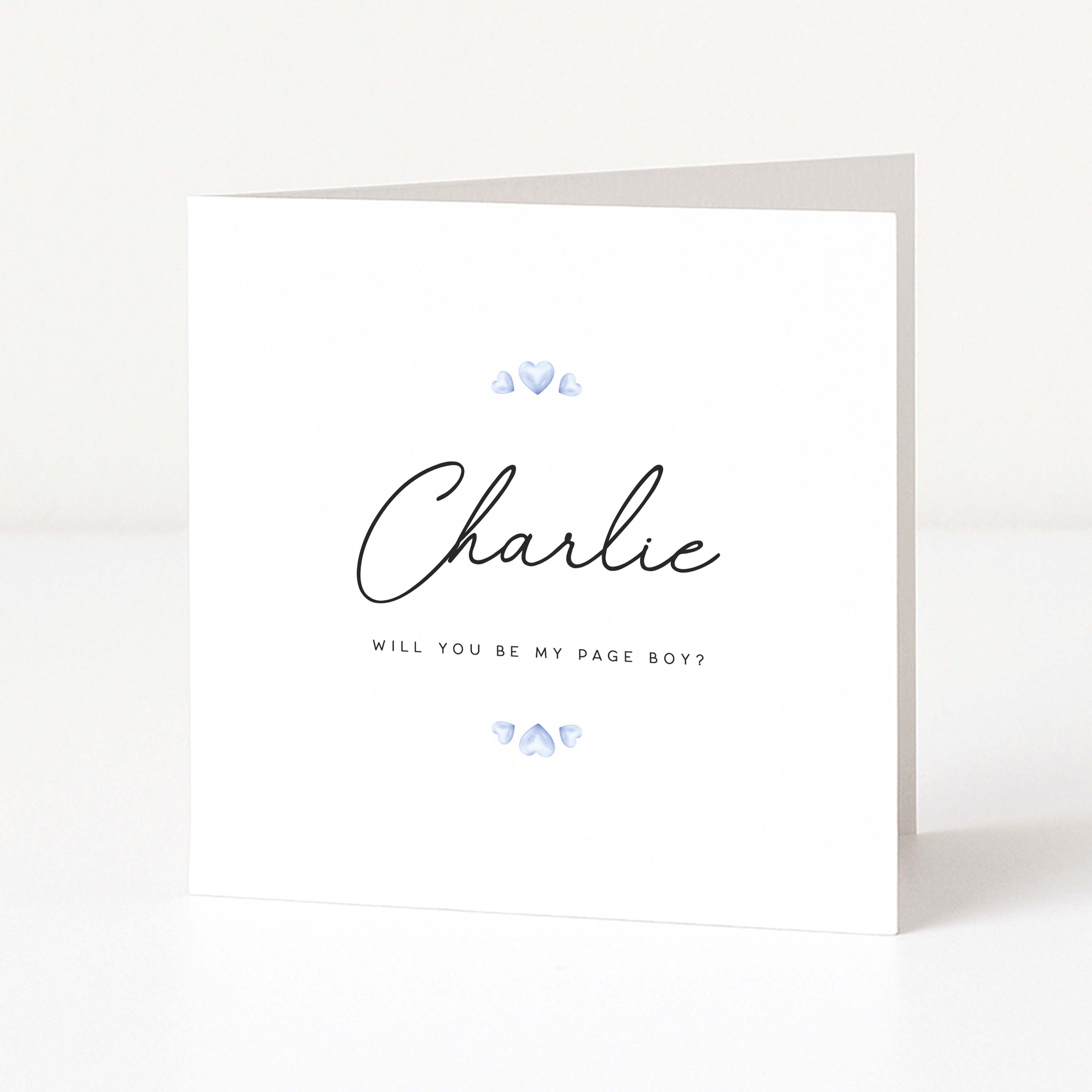 Greeting card with 'Charlie' and 'Will you be my page boy?' text on a white background