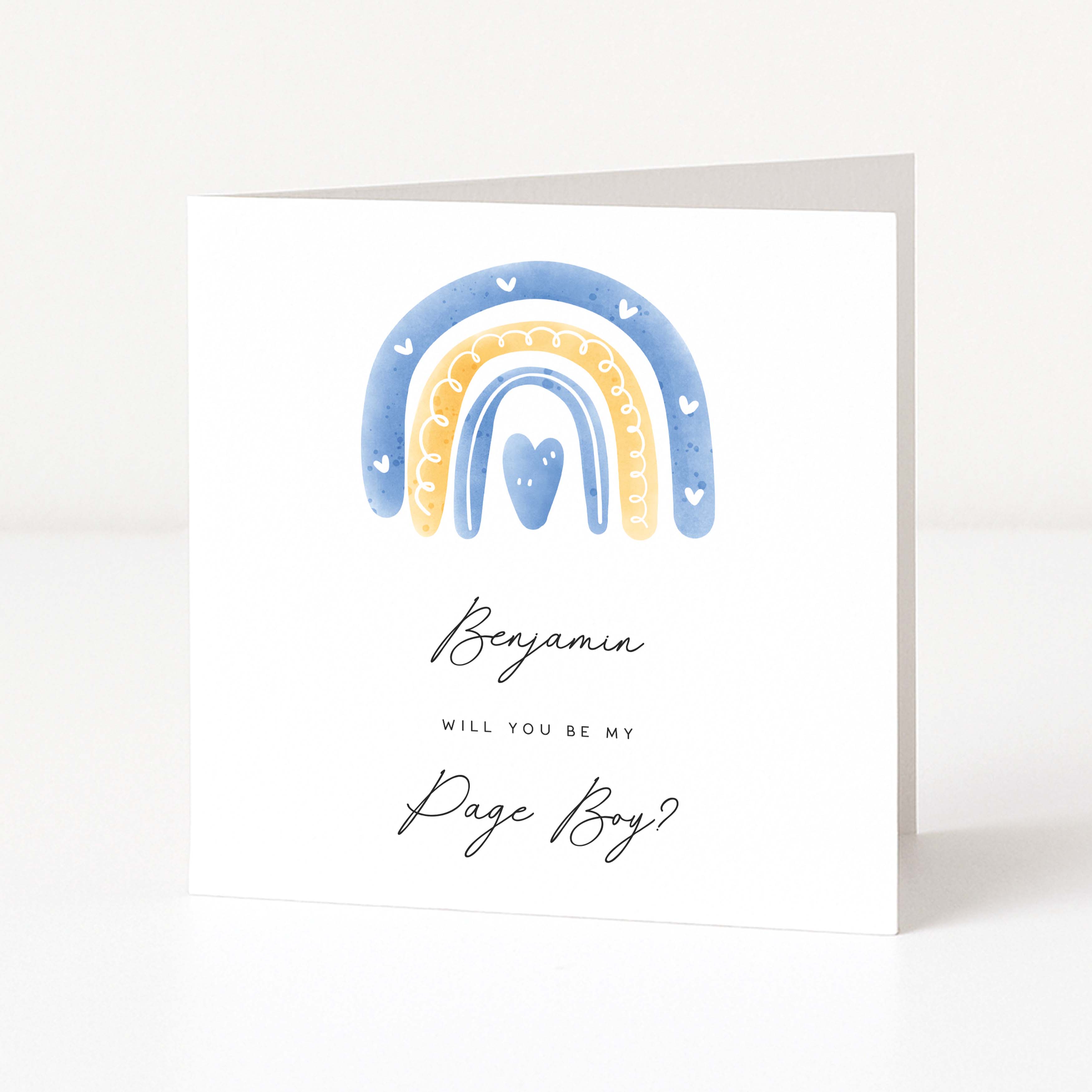 Greeting card with a rainbow design and text asking if you will be my page boy on a white background