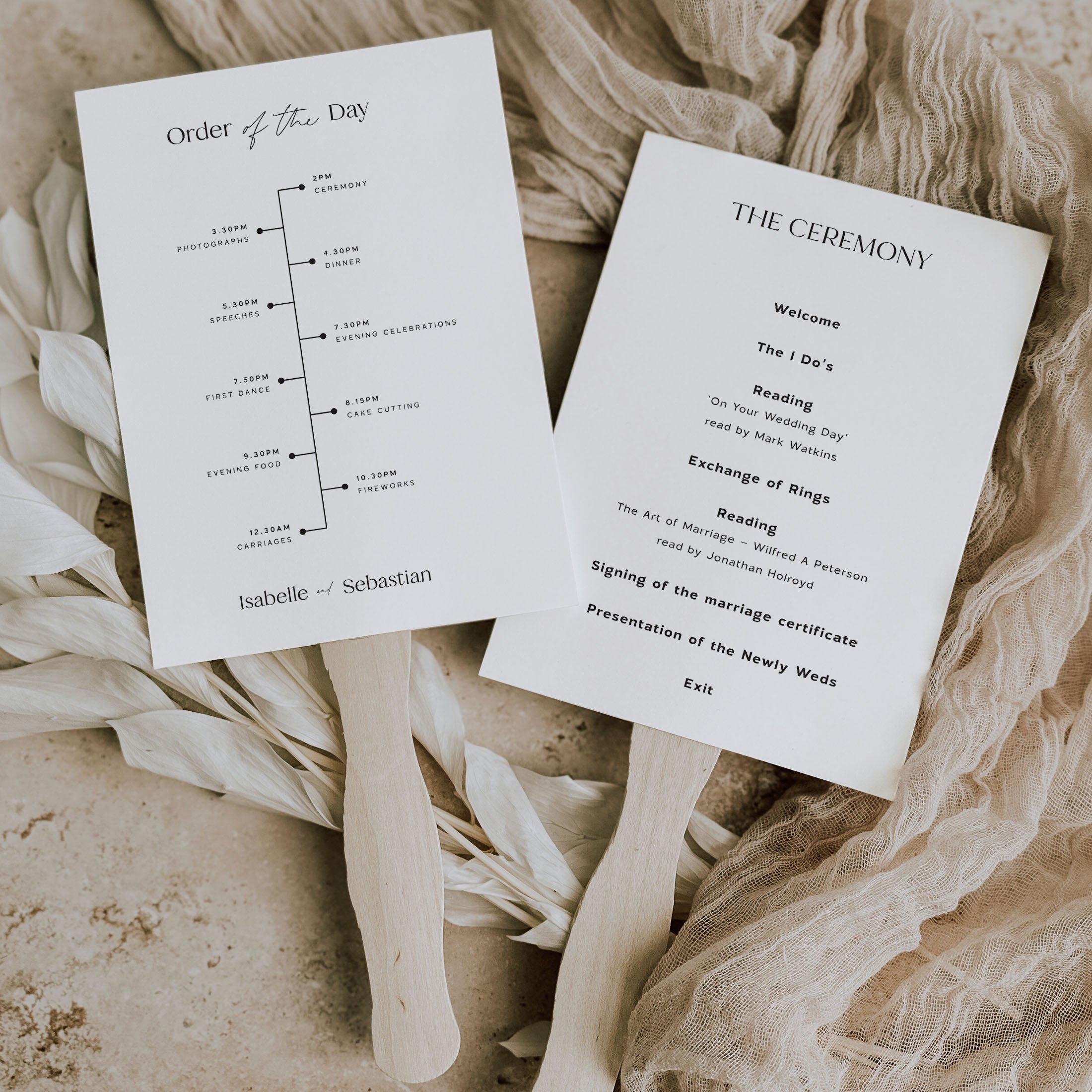 classic wedding programme paddle fan with wooden handles on a natural background