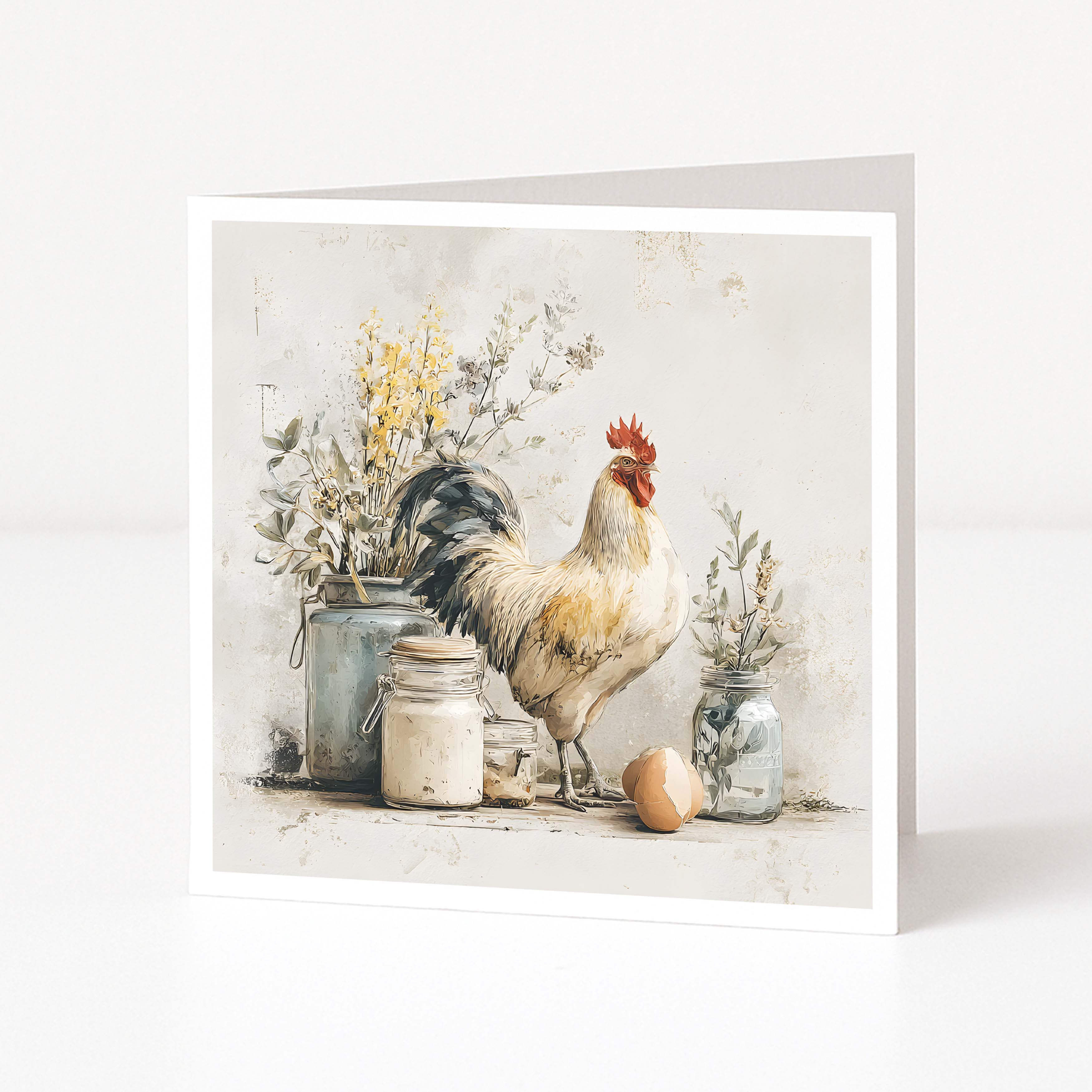 Greeting card with a rooster and rustic elements on a light background