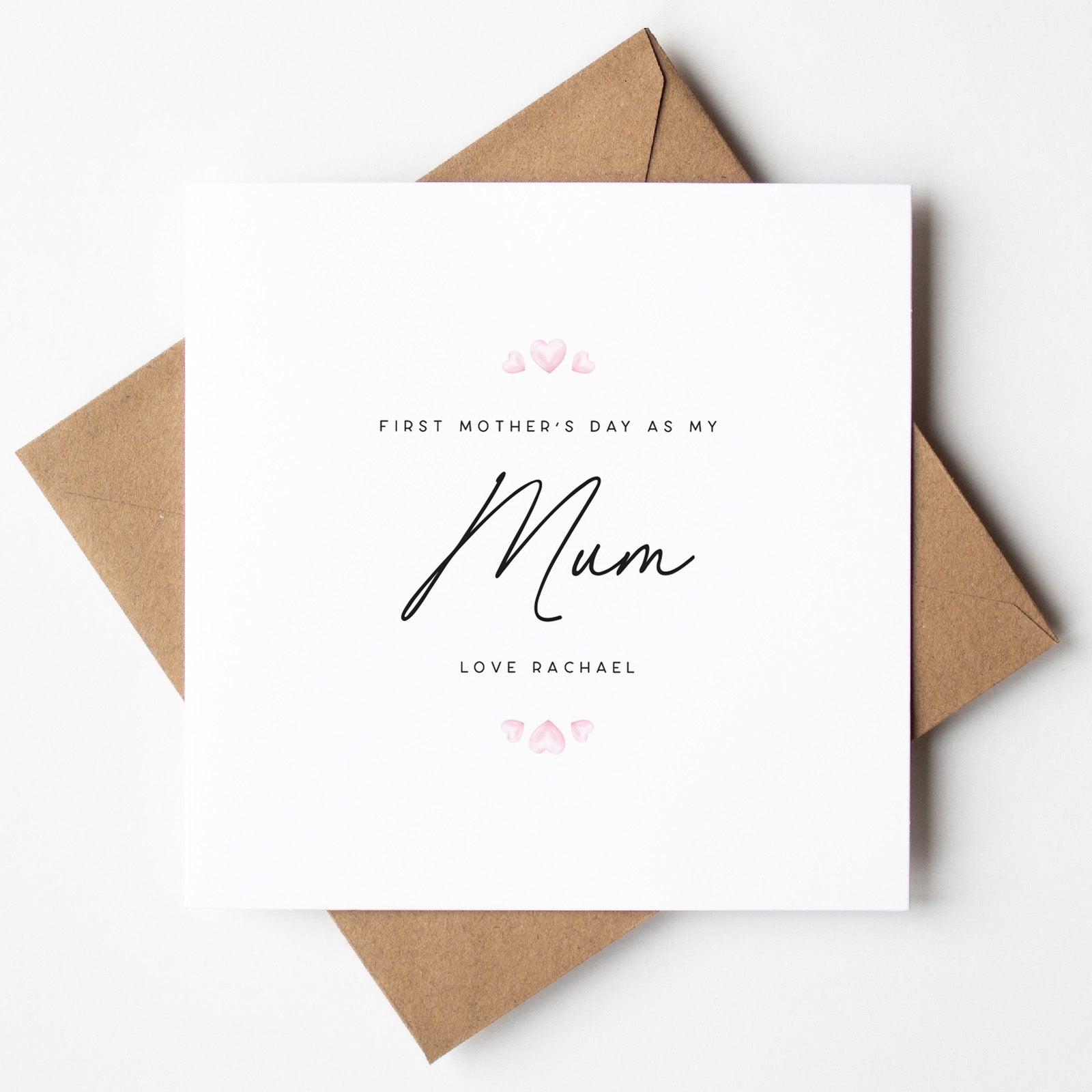 Greeting card with 'First Mother's Day as my Mum' text on a white background