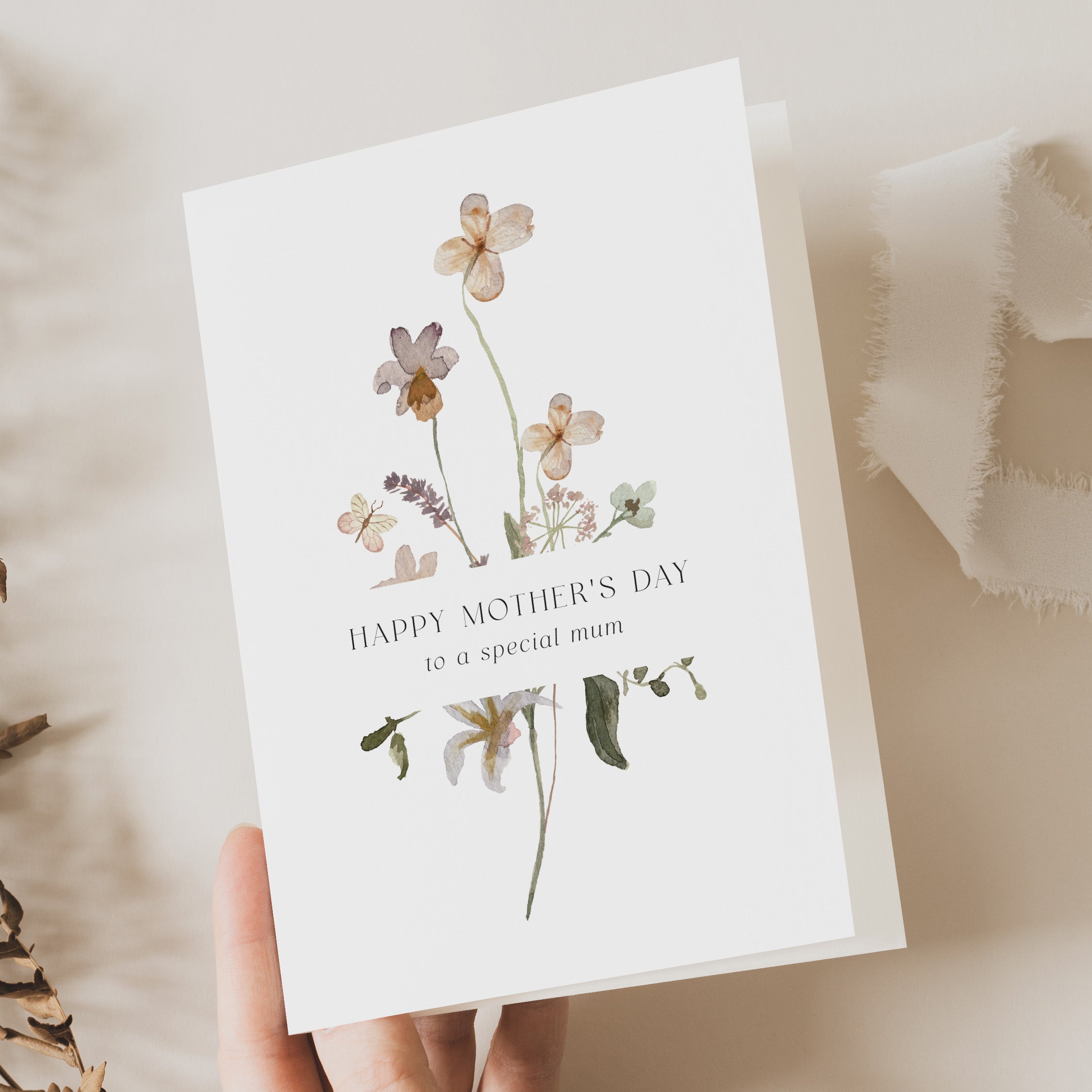 Greeting card with floral design and 'Happy Mother's Day' text on a soft background
