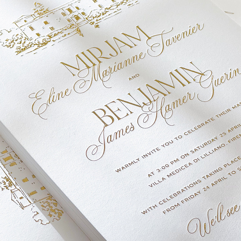 Hot foiled wedding invitation on cotton paper with venue illustration