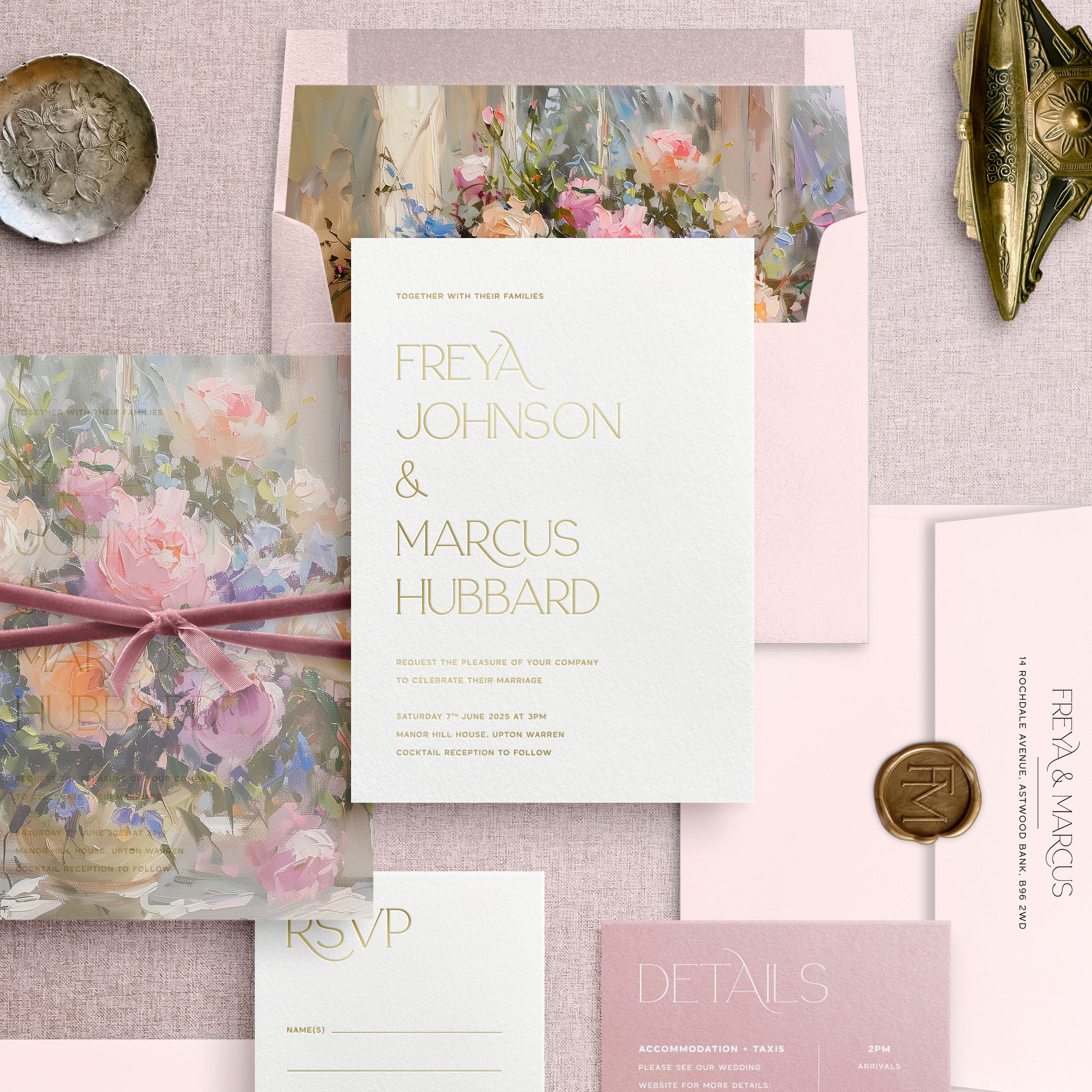 Luxury Gold Foil Wedding Invitation with Floral Colour Scheme