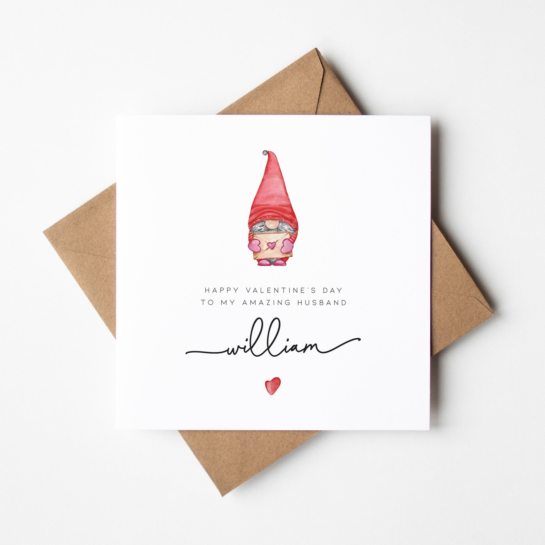 Valentine's Day card with a gnome illustration and personalized message on a white background.