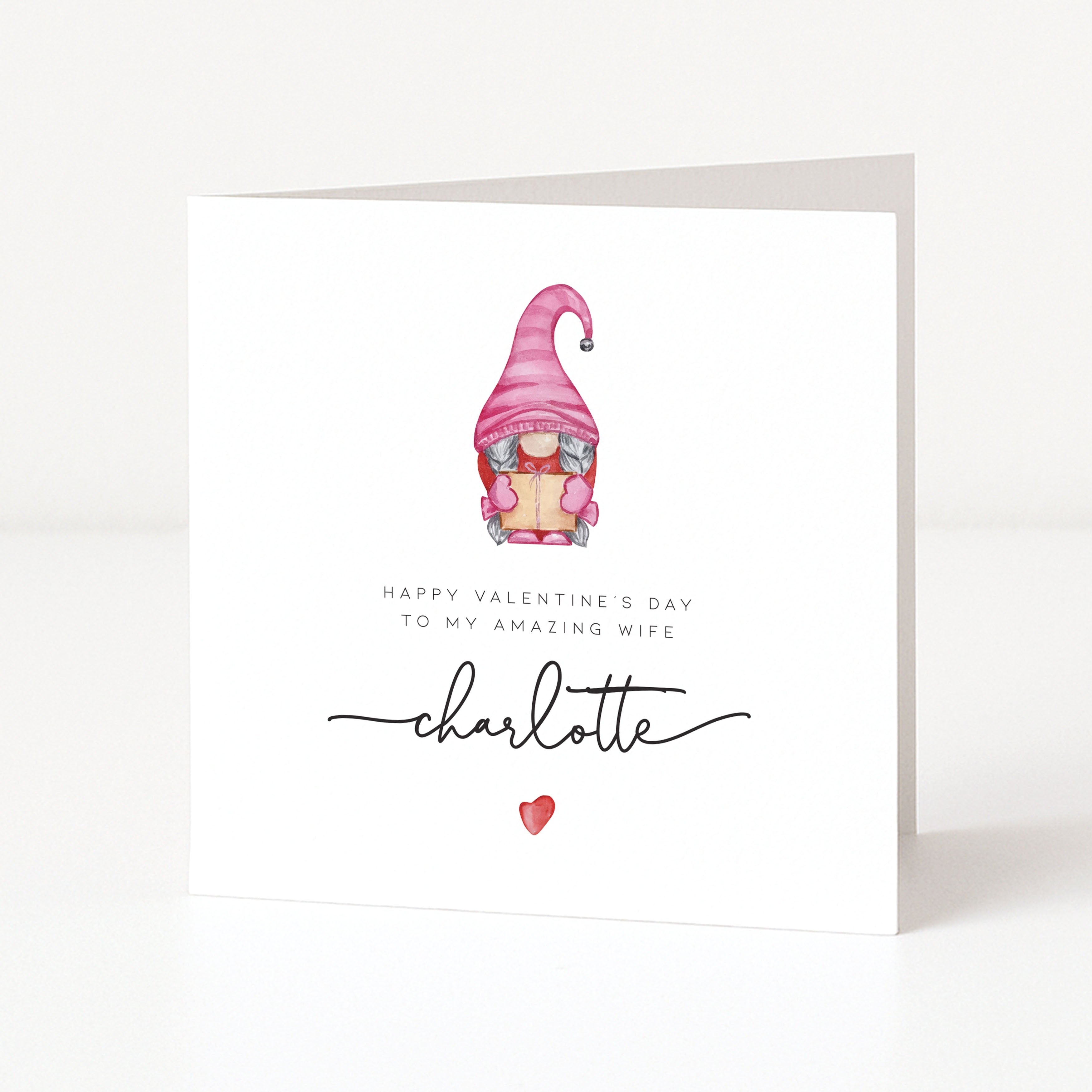 Valentine's Day card with a gnome illustration and personalized text on a white background