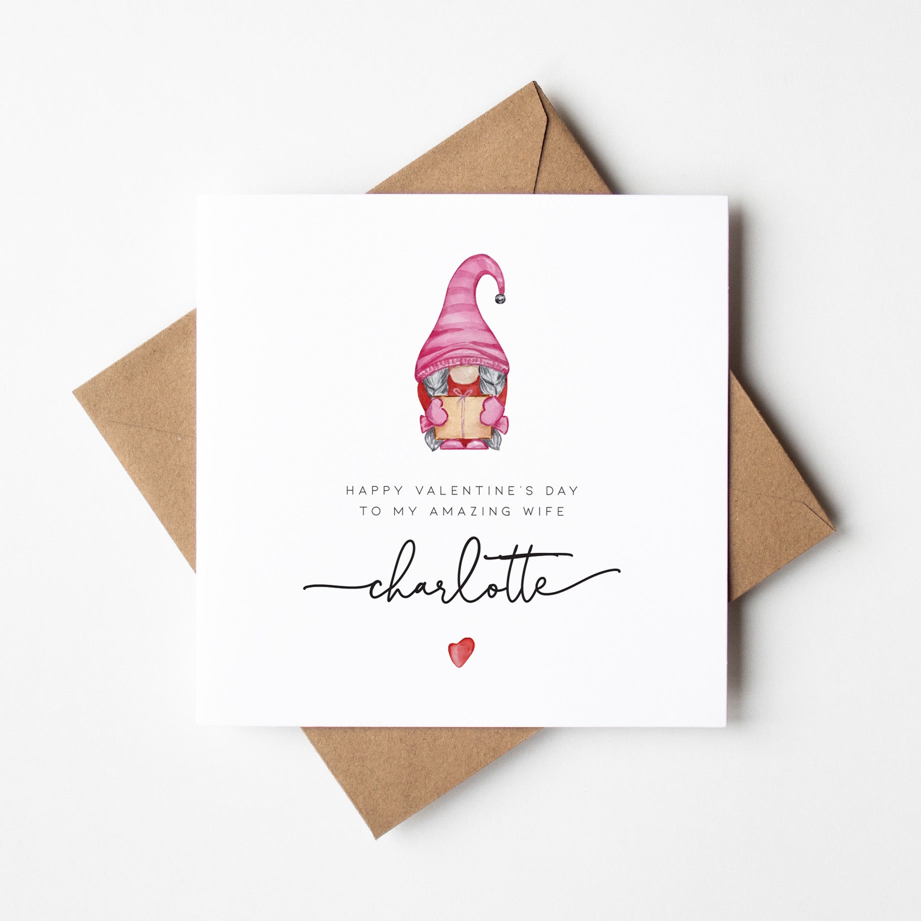Valentine's Day card with a gnome illustration and personalized message on a white background.