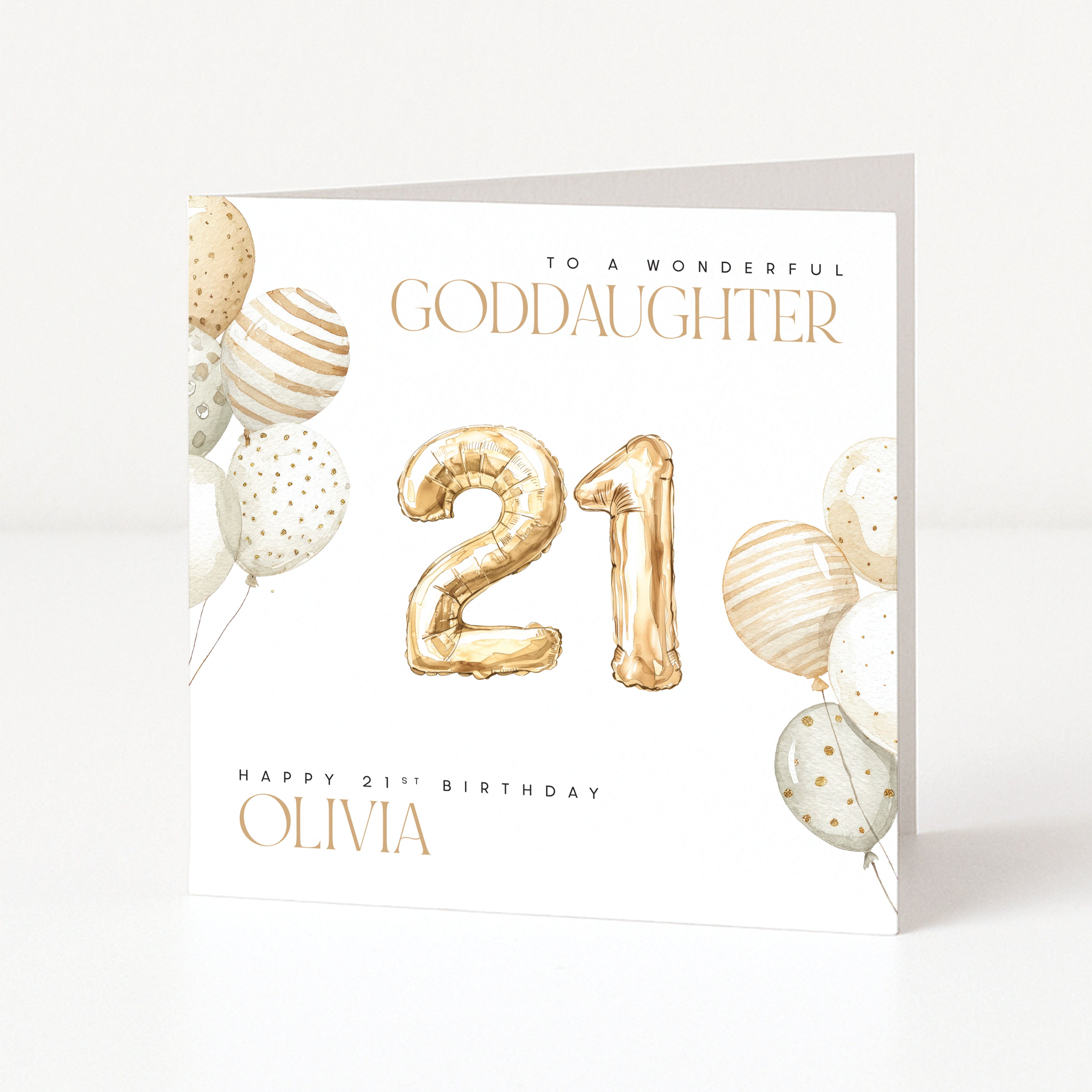 Greeting card with gold balloons and 'Happy 21st Birthday' text on a white background