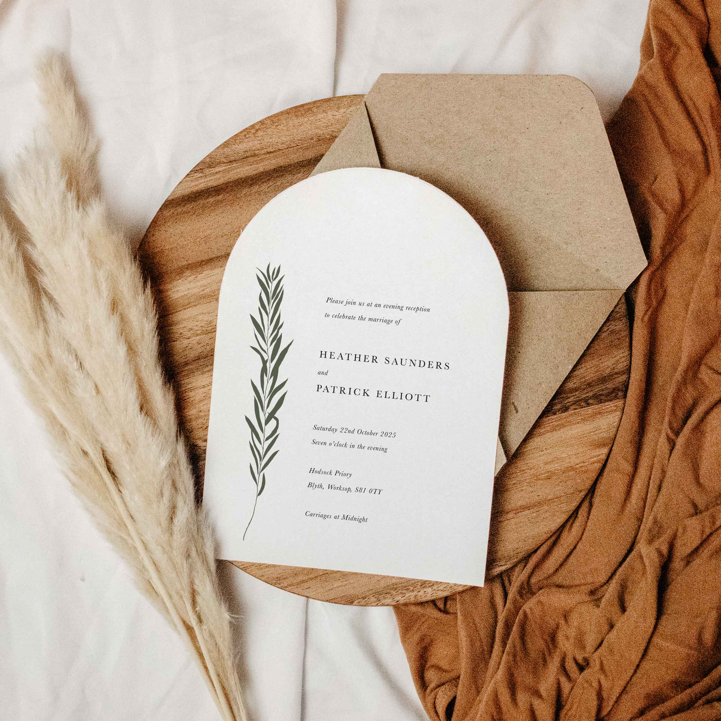 Simple botanical arched evening wedding invitation - Heather collection, Elle Bee Design