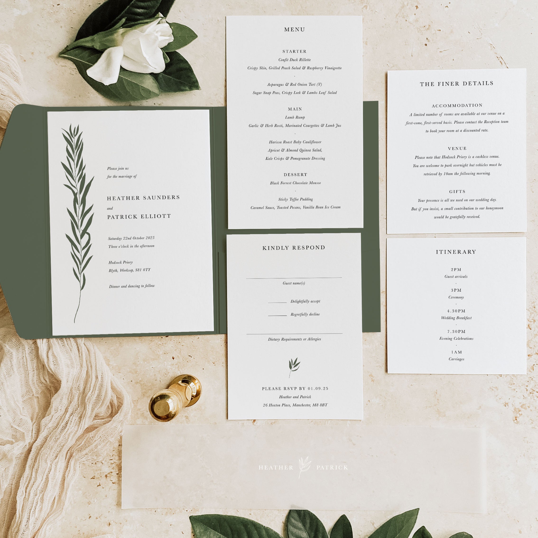 Classical Botanical Pocketfold Wedding Invitation Suite - Heather Collection, Elle Bee Design