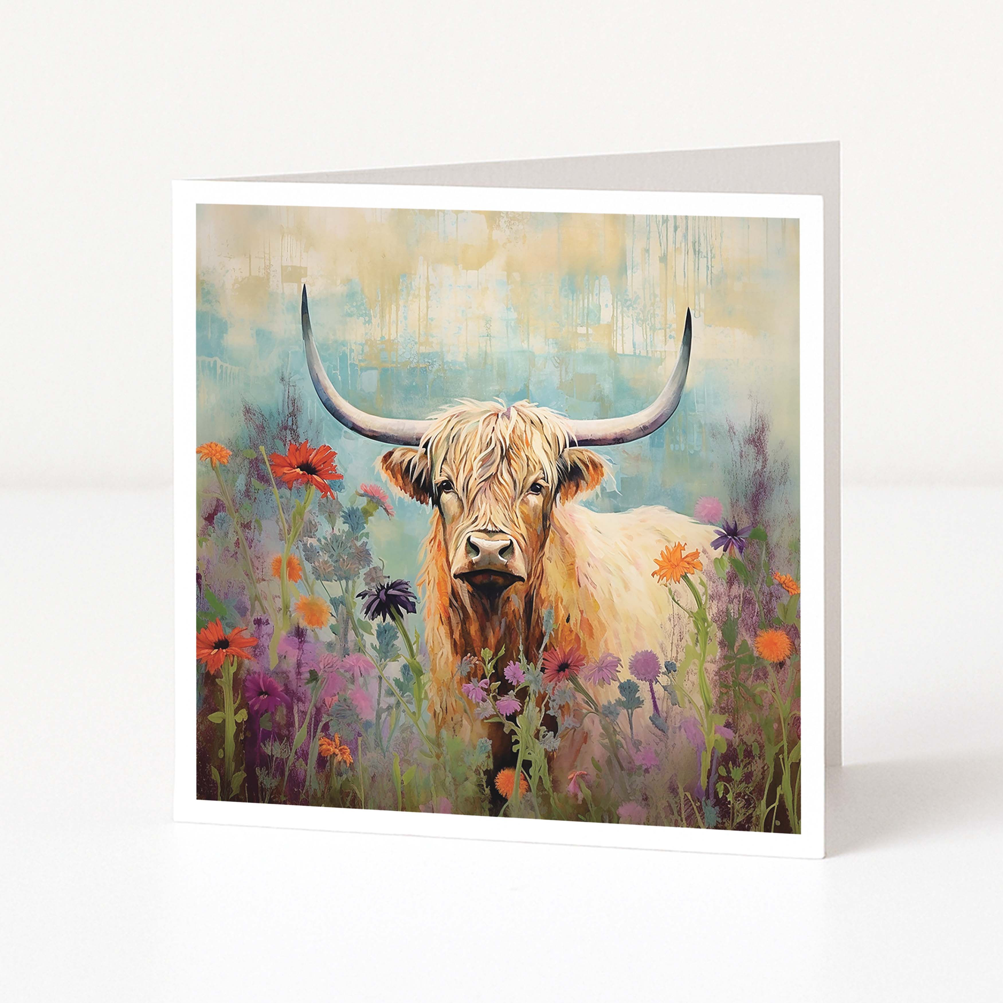 Greeting card with a painting of a longhorn cow in a field of flowers on a white background.