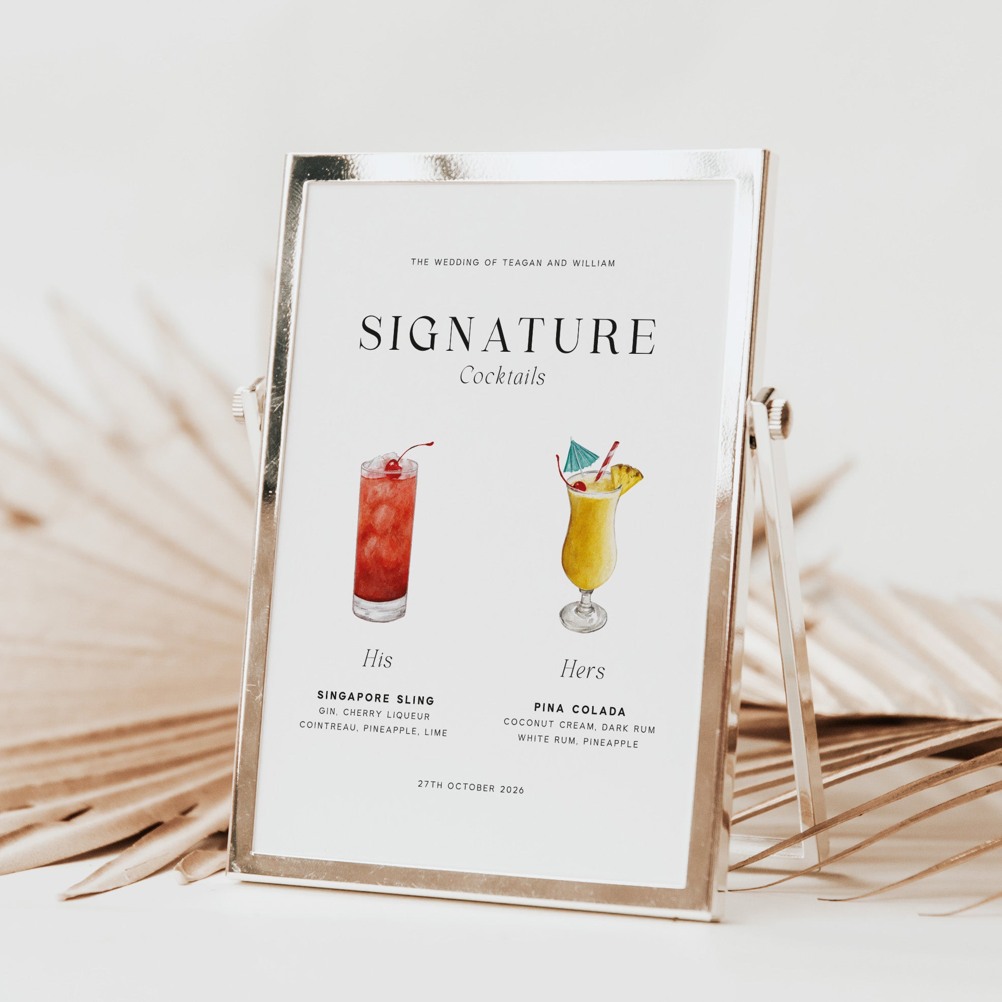 Framed cocktail menu with 'Signature Cocktails' for a wedding, featuring two drinks labeled 'His' and 'Hers'.