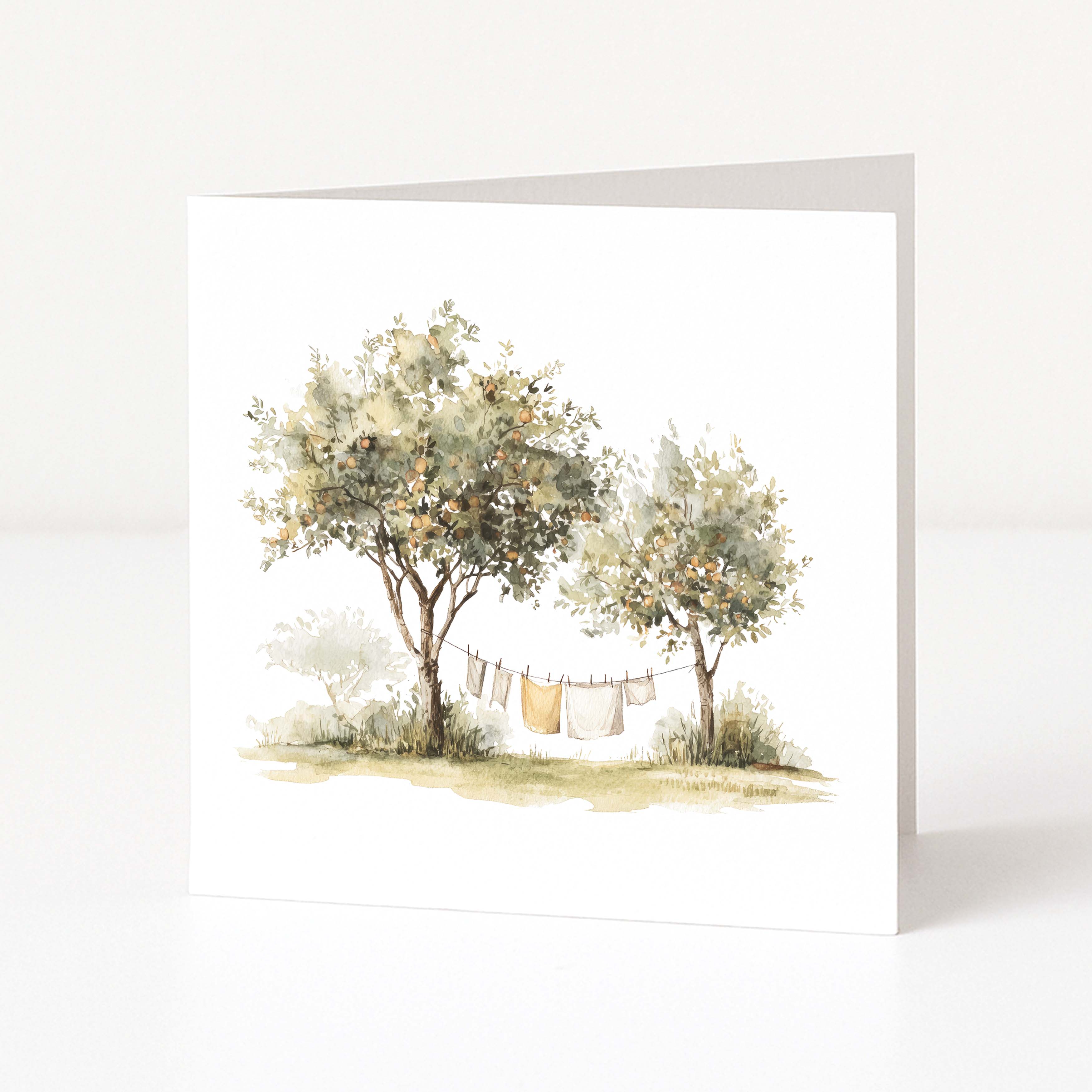 Art print of two trees with a clothesline between them on a white background