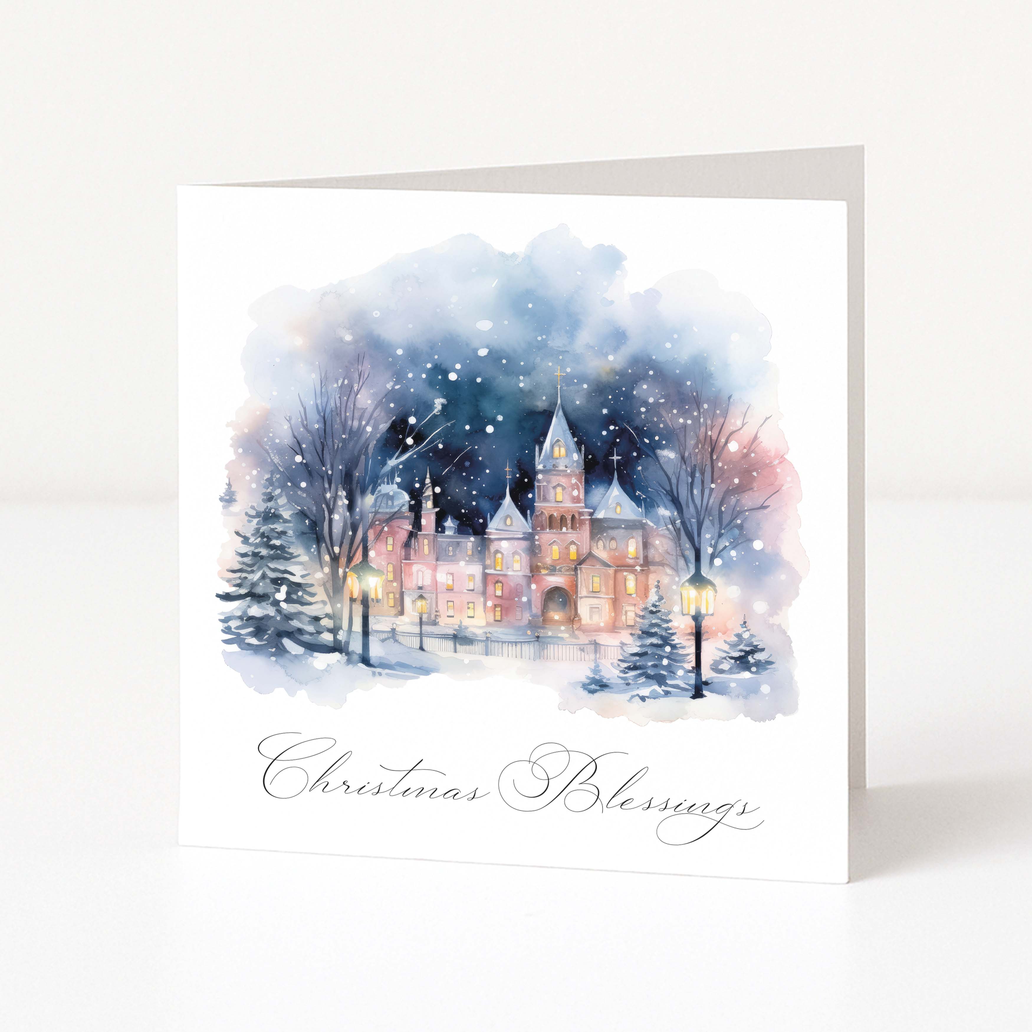 Watercolour Christmas card showing a snowy scene and "Christmas Blessings" text